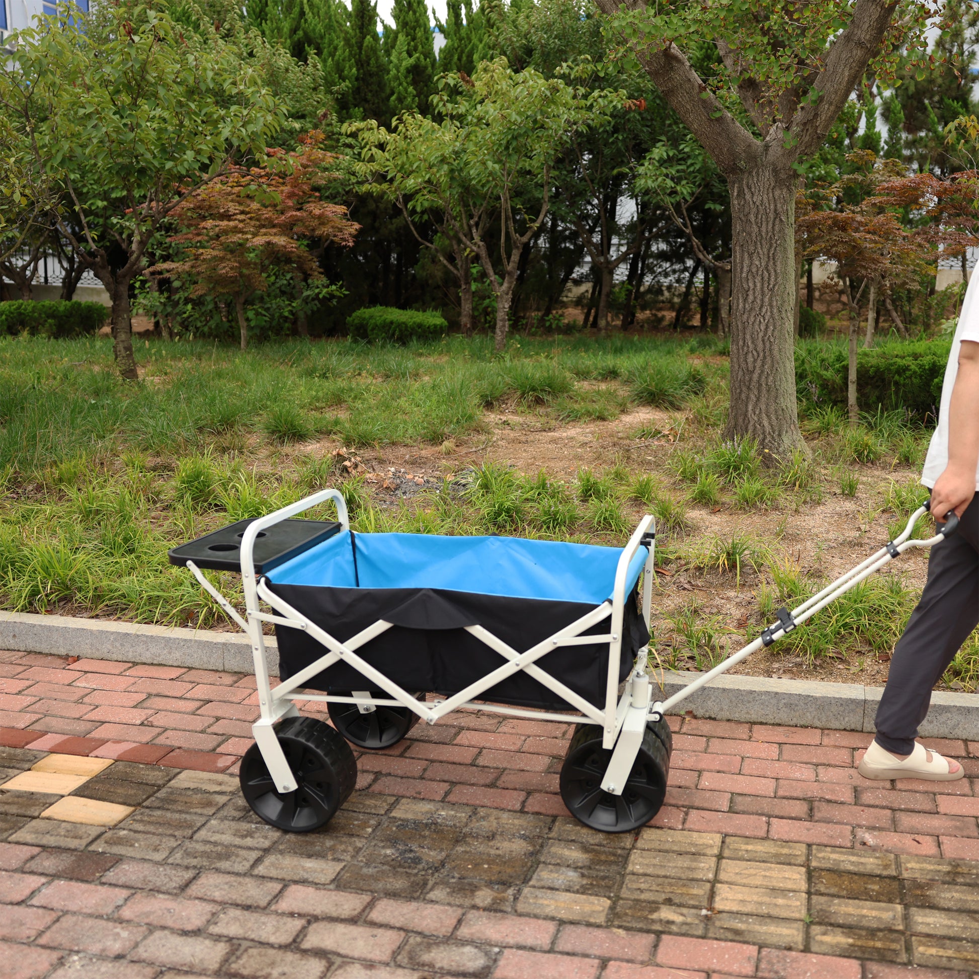 Folding Wagon Garden Shopping Beach Cart White White Black Blue Iron,Oxford Fabric