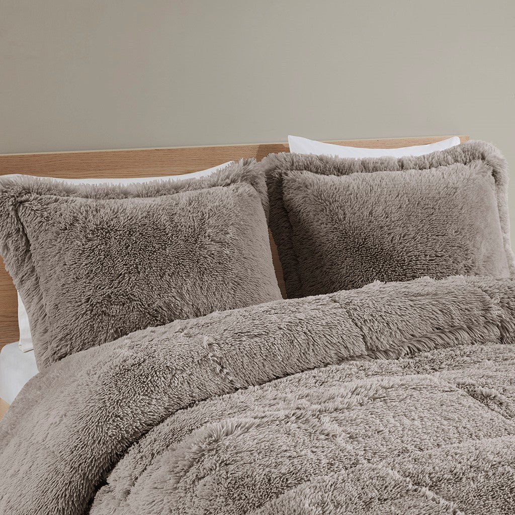 Shaggy Long Fur Comforter Mini Set Queen Grey Polyester