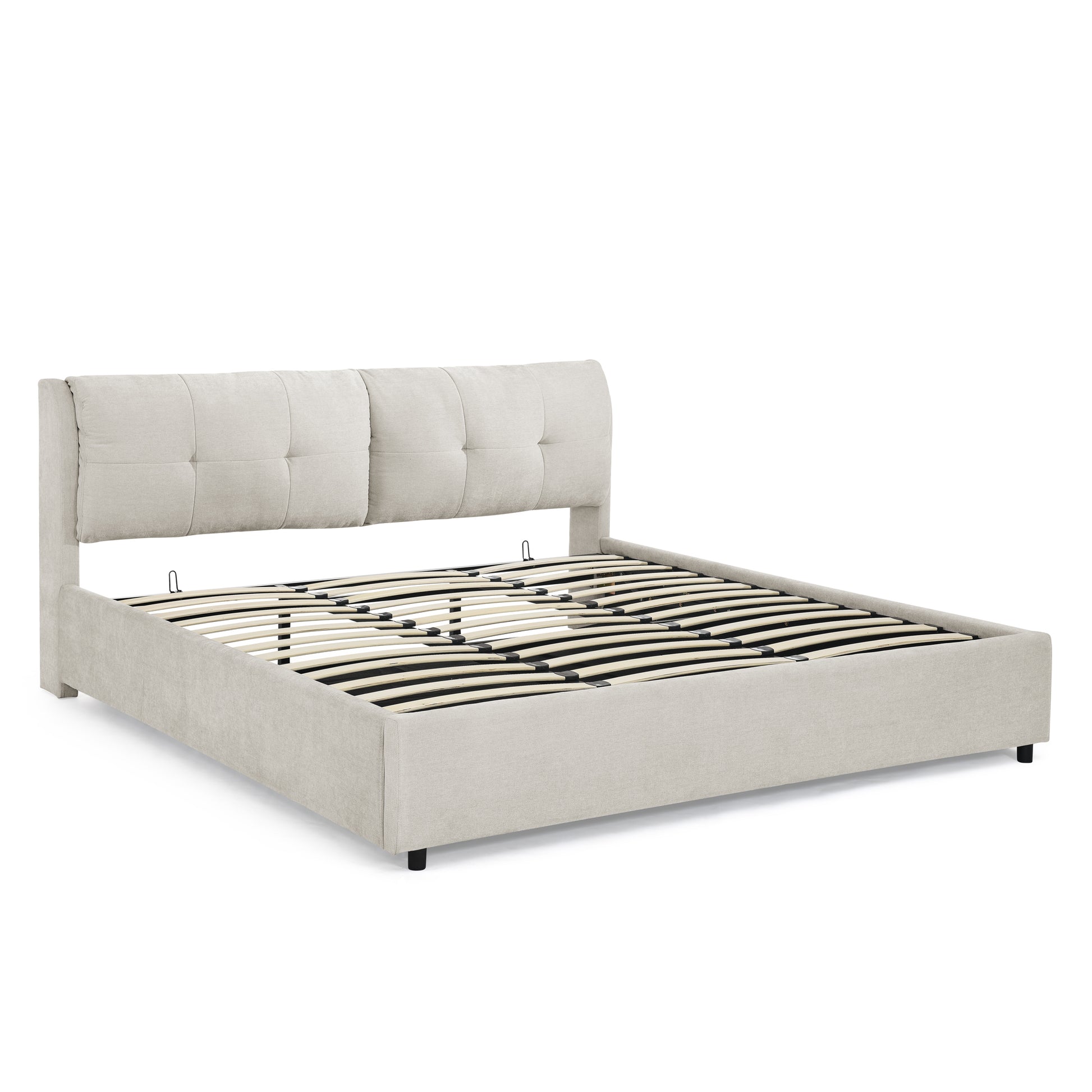 King Size Storage Upholstered Hydraulic Platform Bed With Integrated Headboard, Chenille Fabric, Beige King Beige Bedroom Luxury,Modern Chenille Chenille