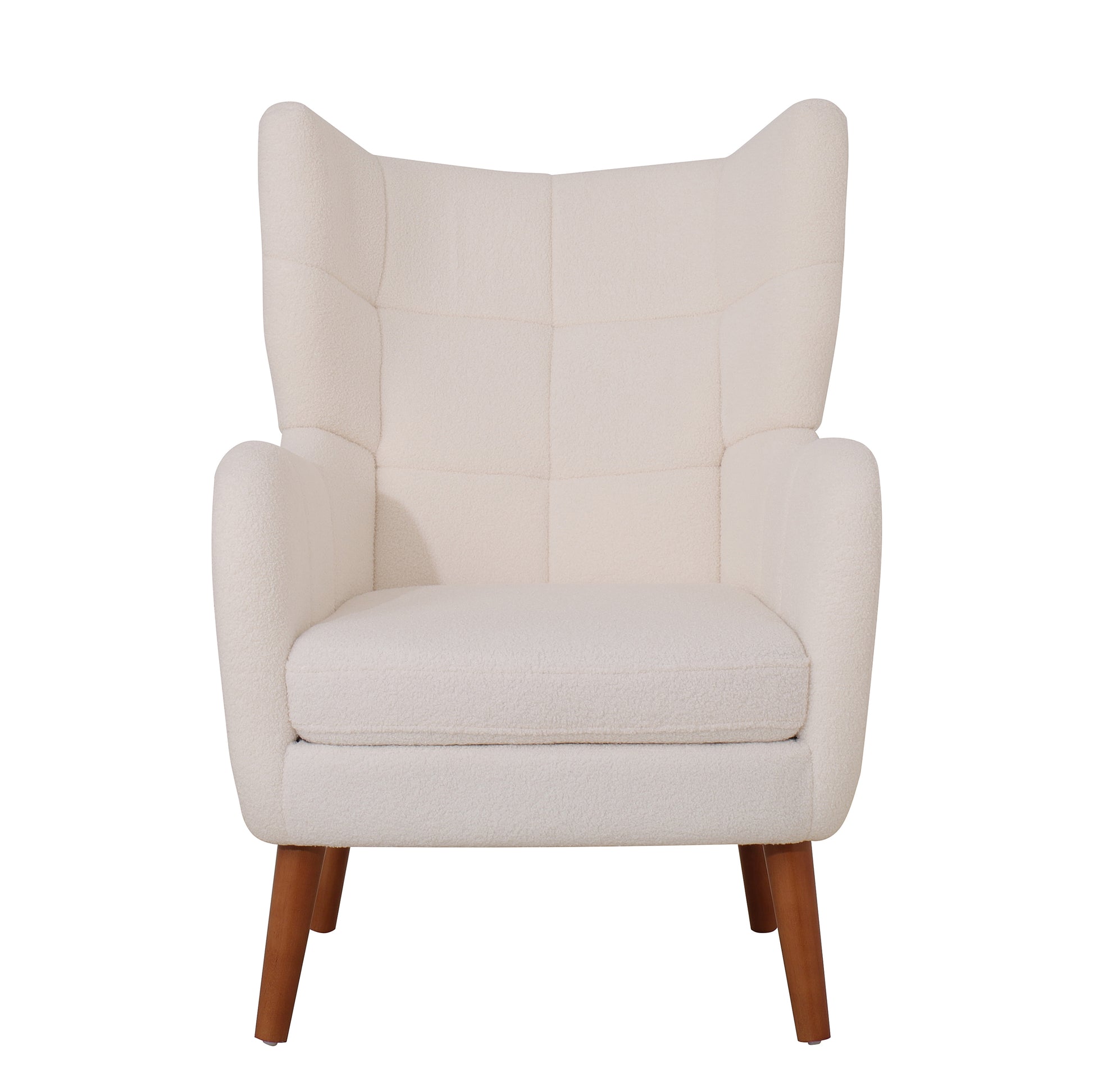 Mid Century Accent Chair, Ivory White, Modern Retro Lounge Armchair, Birch Frame, Upholstered Teddy Wool Fabric, Single Sofa Armchair For Small Spaces, Living Room, Bedroom, Reading Corner, Balcony Ivory White Espresso Primary Living Space