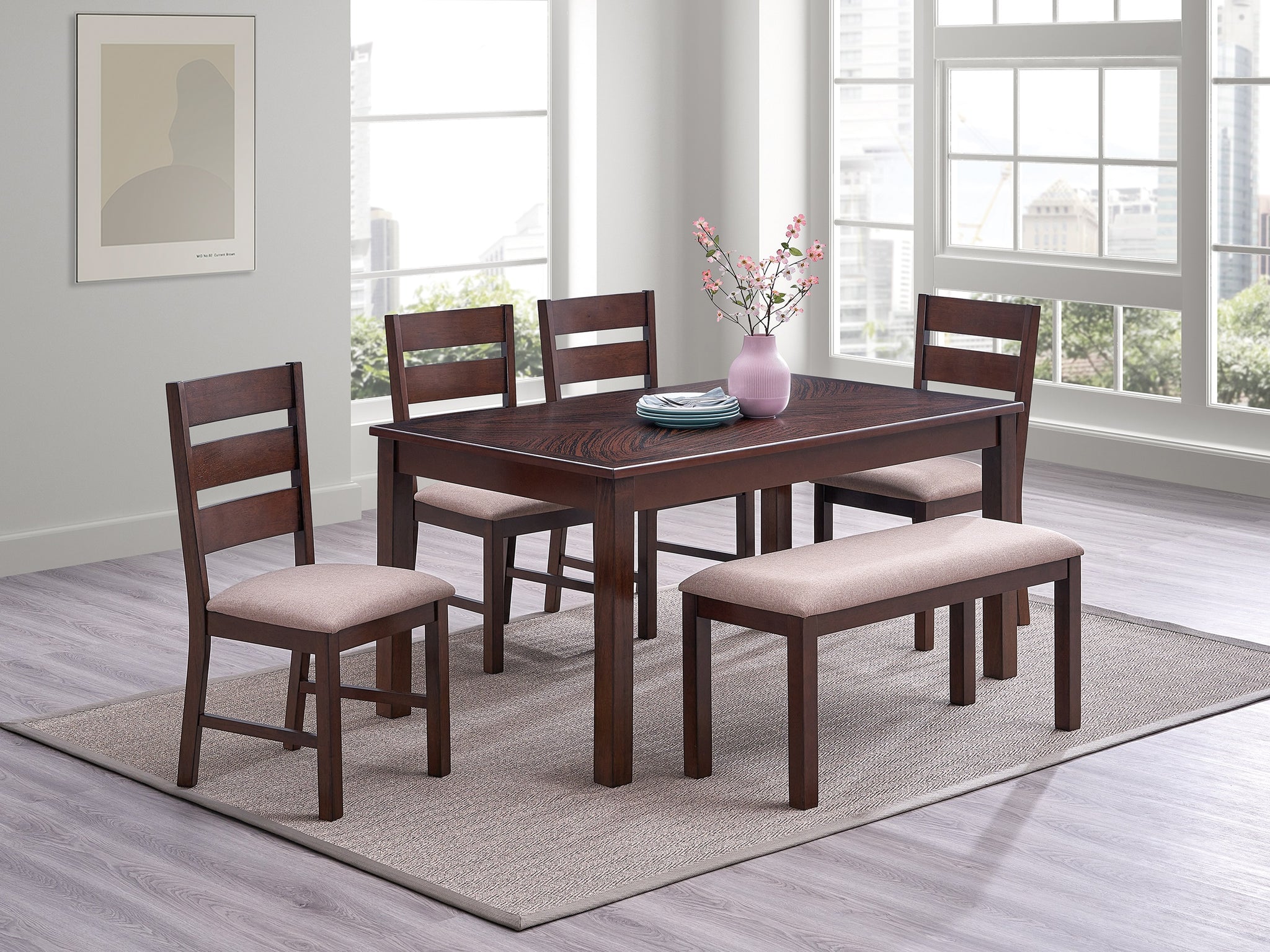 Contemporary Antique Cherry 6Pc Dining Set Table And 4X Side Chairs 1X Bench Melamine Table Top Fabric Cushion Seats Chairs Solid Wood Dining Room Furniture Dining Room Solid Wood Rubberwood Rectangular Dining Table With Chair And Bench Upholstered Chair