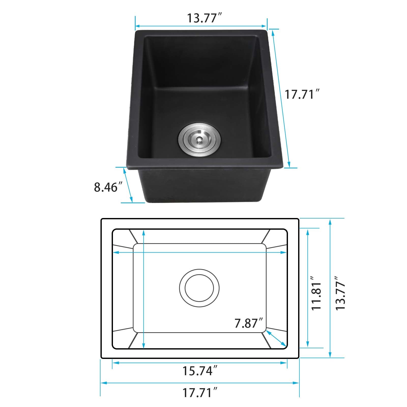 Quartz 13.77" L X 17.71" W Undermount Bar Sink With Basket Strainer Black Quartz