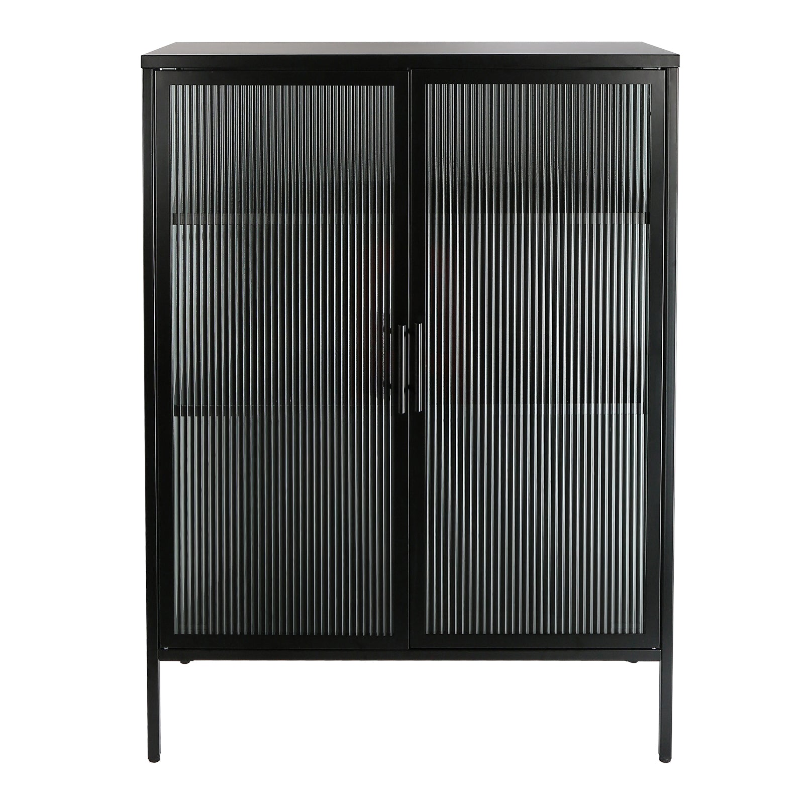 48 Inch Double Glass Door Storage Cabinet, Sideboard Cabinet With Adjustable Shelves And Feet Cold Rolled Steel Tempered Glass Sideboard Furniture For Living Room Kitchen Black Color Black Steel