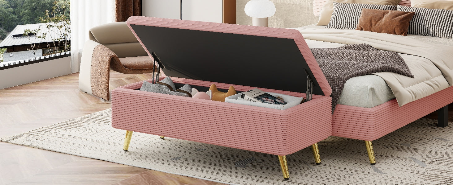 Modern Corduroy Upholstered Ottoman With Metal Legs, Storage Bench For Bedroom,Living Room,Pink Pink Polyester Solid Wood Mdf