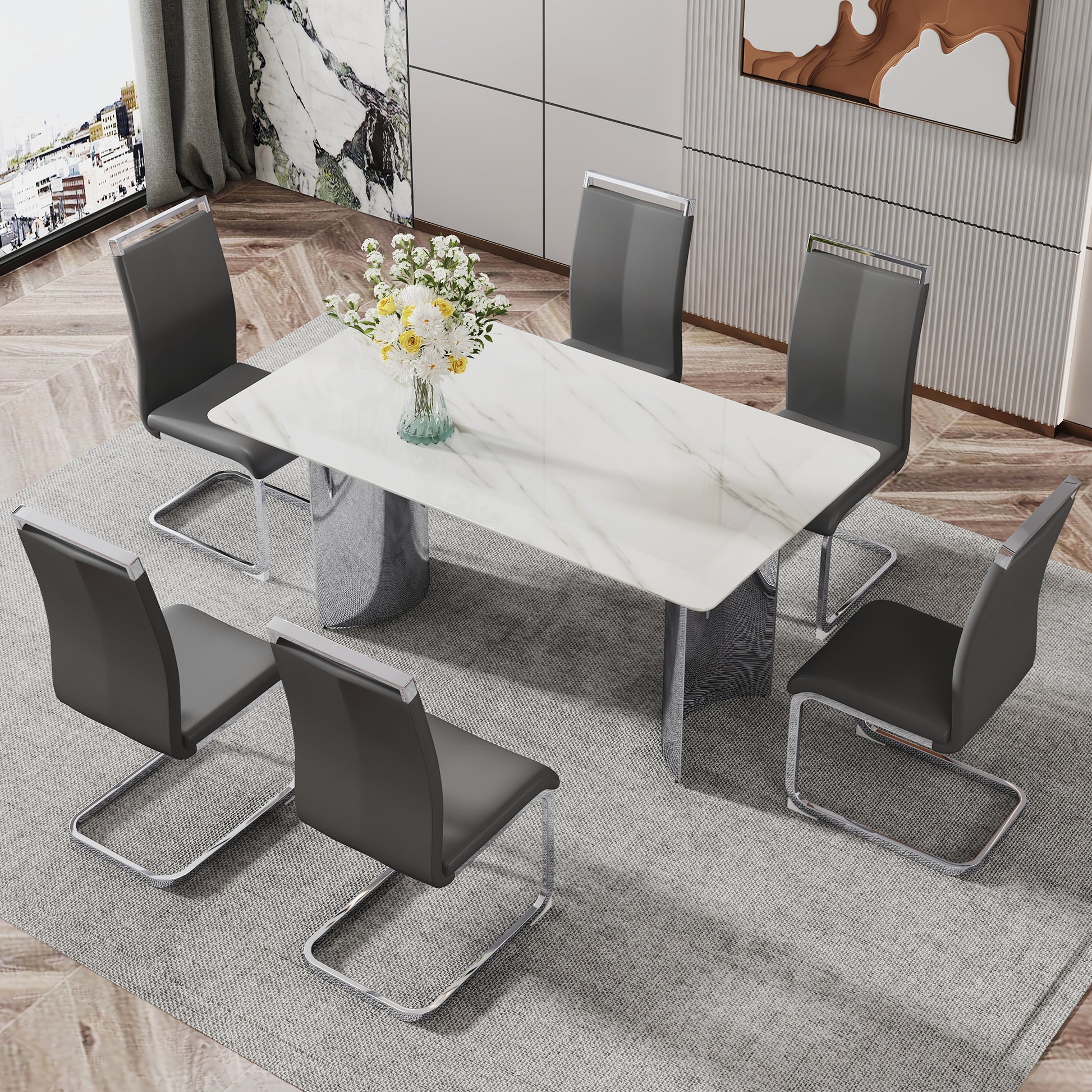 Modern Minimalist Dining Table. Imitation Marble Glass Sticker Desktop, Stainless Steel Legs, Stable And Beautiful. 6 Premium Pu Seats. 63 Inches * 35.4 Inches * 29.5 Inches Dt 69 C 1162 Silver