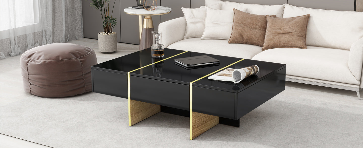 47.2'' X 31.4''Minimalist High Gloss Coffee Table With 2 Drawers, Multi Storage Rectangle Sofa Table With Golden Wood Grain Legs, Modern Center Table For Living Room, Black Black Particle Board Mdf