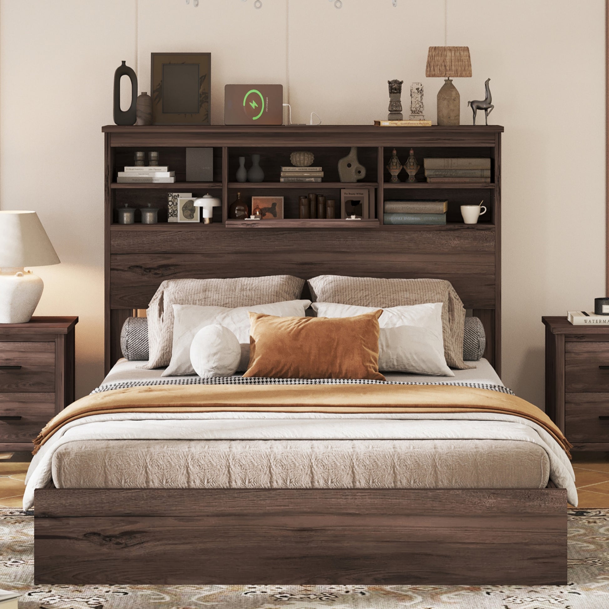 Queen Size Wooden Platform Bed With Storage Headboard,American Country Style Bed With Usb Charging Ports,Dark Walnut Queen Walnut American Traditional Mdf