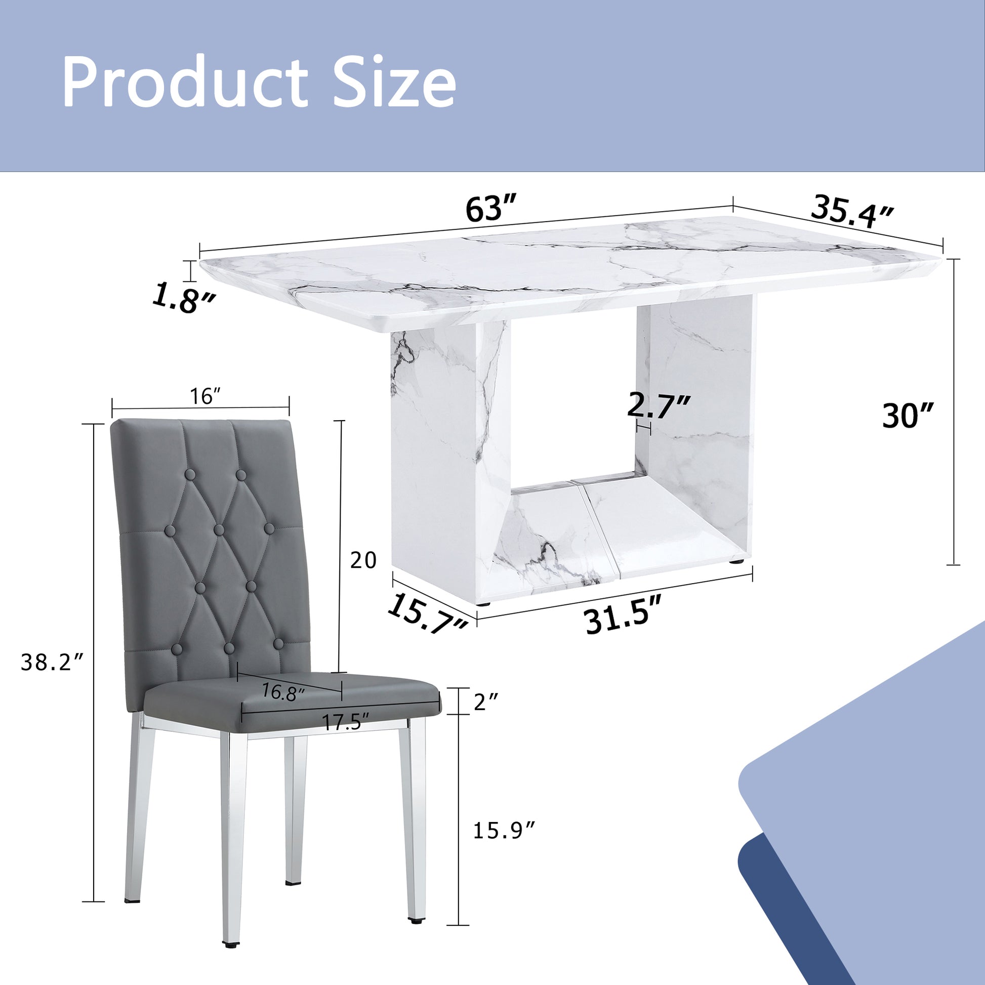 Table And Chair Set.63"X35.4" White Marble Patterned Mdf Dining Table Set With 4 Armless Dark Gray Pu Chairs.Showcasing A Modern And Stylish Look. Dark Gray,White Seats 4 Mdf Metal