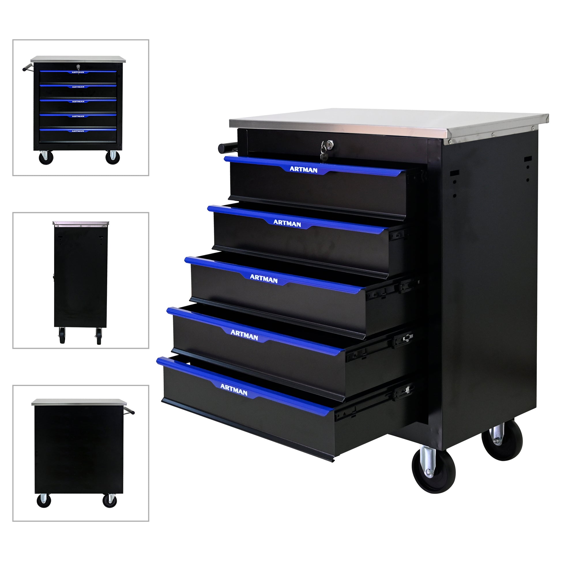 5 Drawers Multifunctional Tool Cart With Wheels Black Blue Black Blue Metal