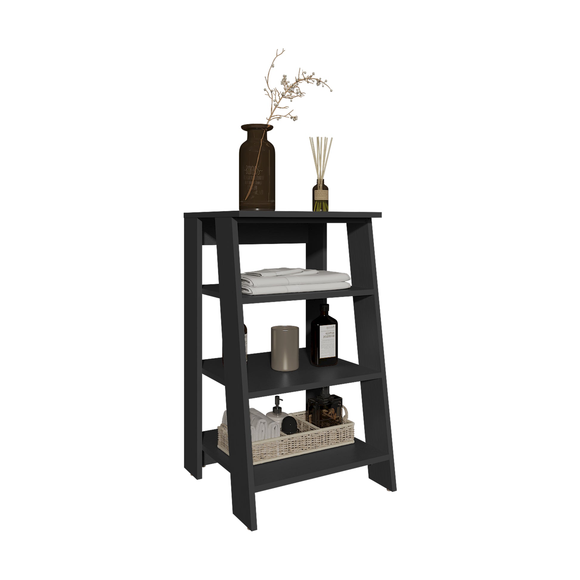 Bathbi 30" High 4 Tier Ladder Shelf Organizer For Bathroom, Side Table, Living Room In Black Black Particle Board