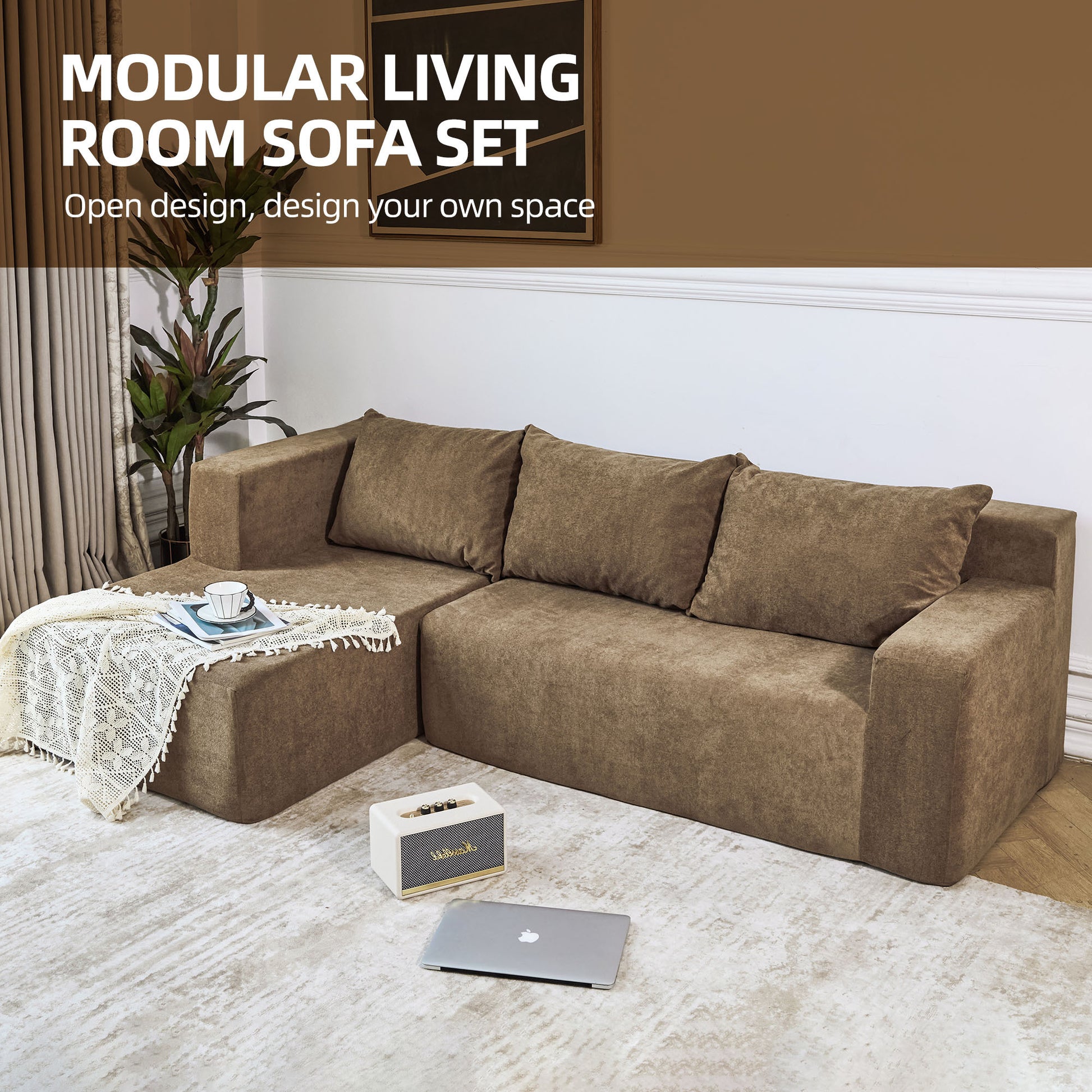 Modular Sectional Couch, Modern L Shape Sectional Sofa With Chaise Lounge, Comfy Snow Velet Fabric Corner Sofa Couch, Upholstered Couch For Living Room, Bedroom, Apartment Khaki Polyester Primary Living Space Medium Firm Cushion Back Medium Duty American