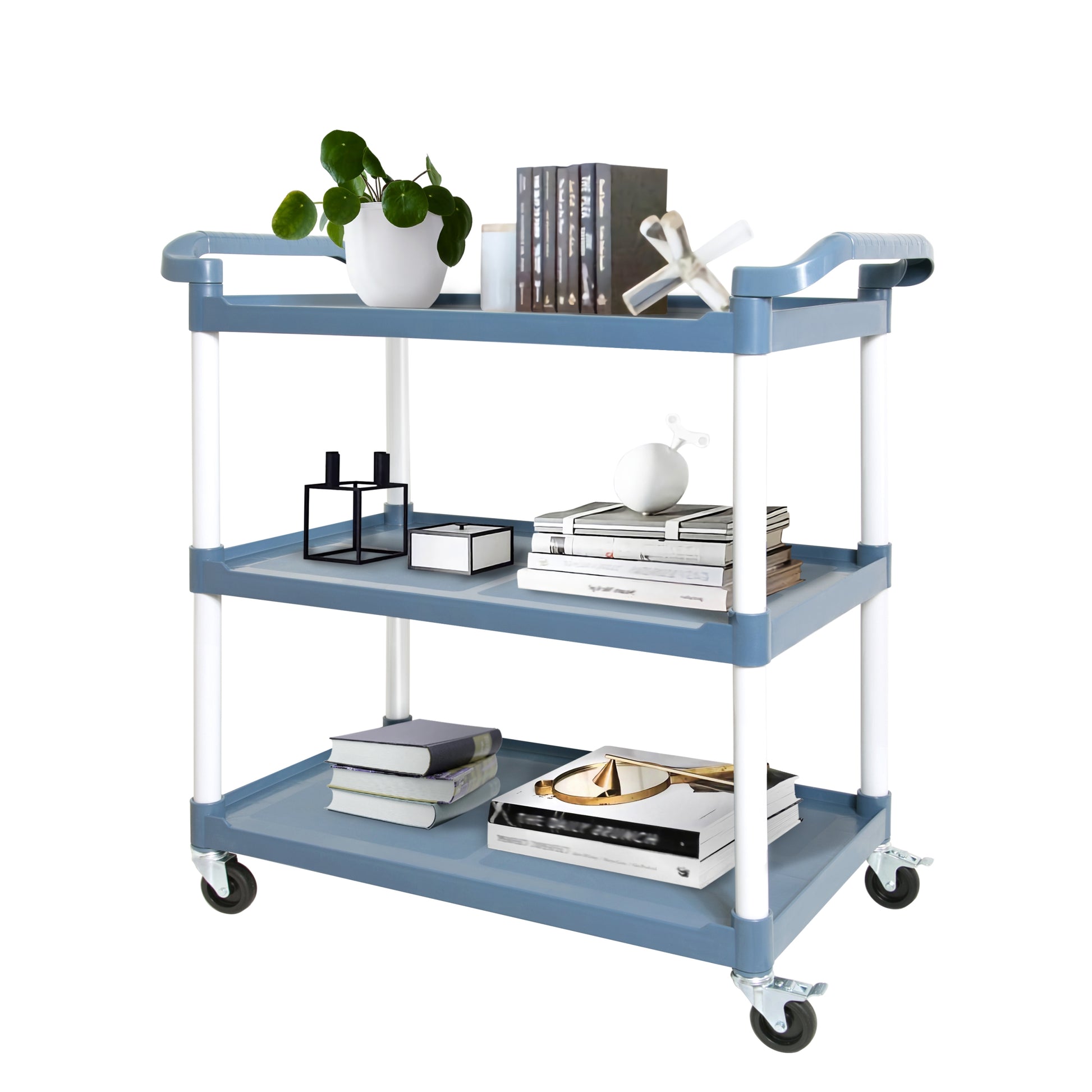 3 Tier Plastic Service Utility Cart With Wheels, Food Service Rolling Cart Heavy Duty 350Lbs Capacity,Commercial Rolling For Restaurant, Household, Office, Warehouse, 40.9''L X 19.6''W X 41.3''H Blue Polyethylene,Pvc