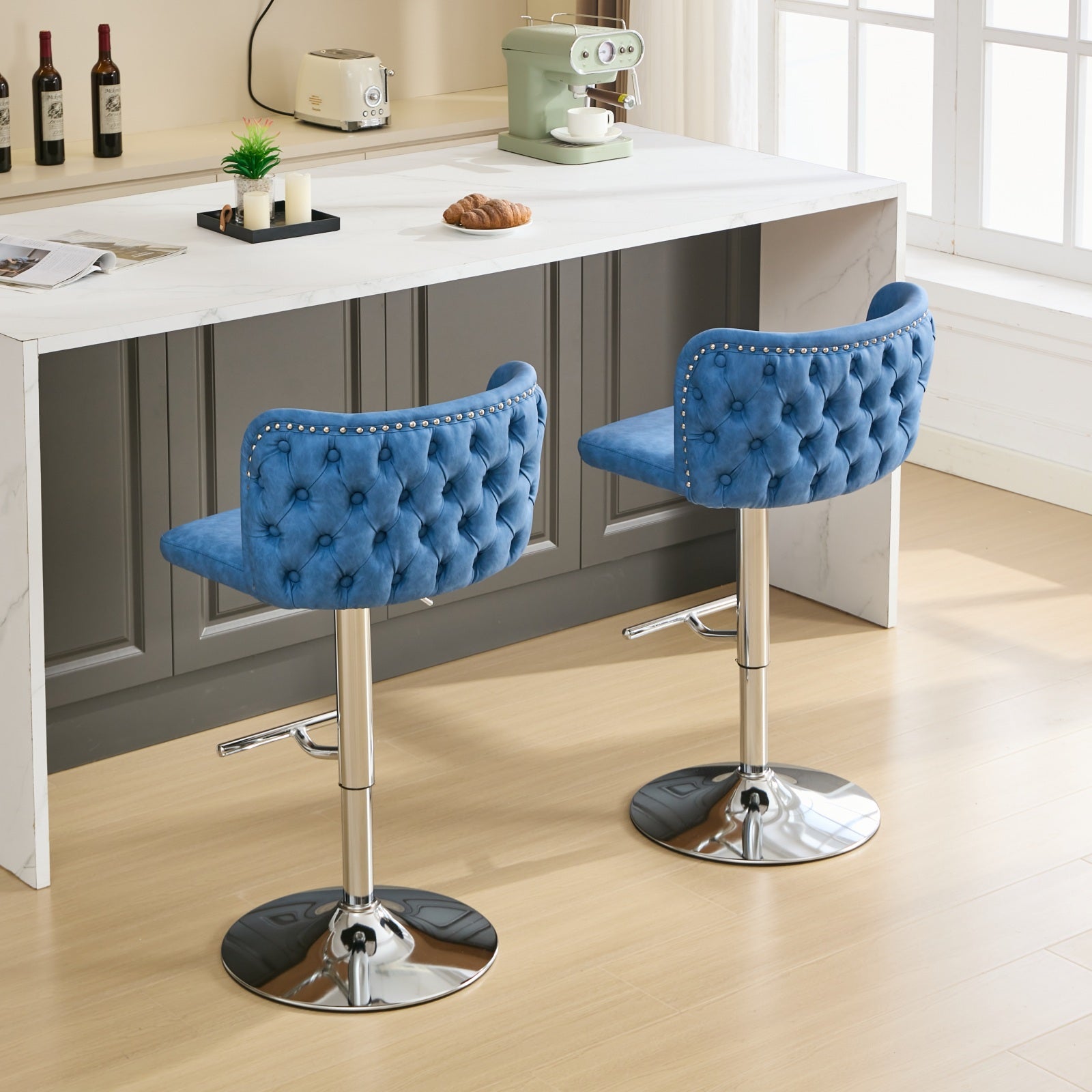 Swivel Barstools Adjusatble Seat Height With Chrome Base, Modern Pu Upholstered Bar Stools With The Whole Back Tufted, For Home Pub And Kitchen Island,Blue, Set Of 2 Blue American Design Bar Stools Set Of 2 Foam Pu Leather