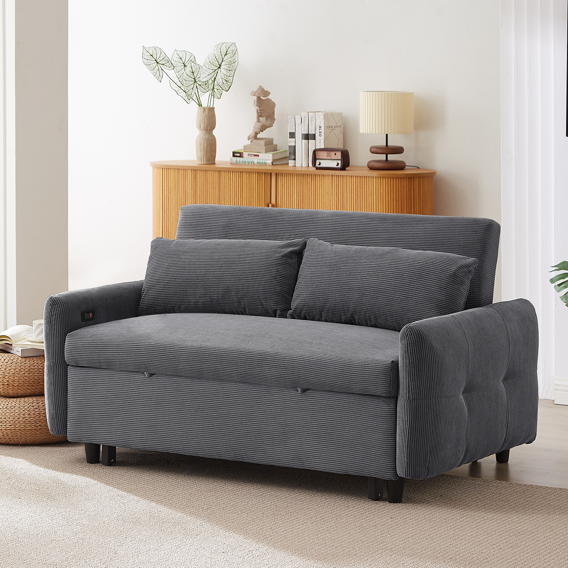 57.48" Pull Out Sofa Bed Convertible Couch 2 Seat Loveseat Sofa Modern Sleeper Sofa With Two Throw Pillows And Usb Ports For Living Room, Dark Grey Old Sku:Wf317760Aar Dark Grey Foam Corduroy 2 Seat