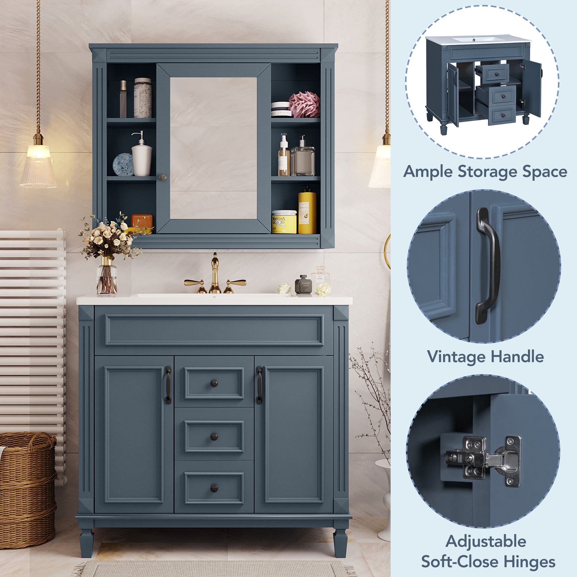 36'' Bathroom Vanity With Top Sink, Royal Blue Mirror Cabinet, Modern Bathroom Storage Cabinet With 2 Soft Closing Doors And 2 Drawers, Single Sink Bathroom Vanity Blue Bathroom Modern Solid Wood