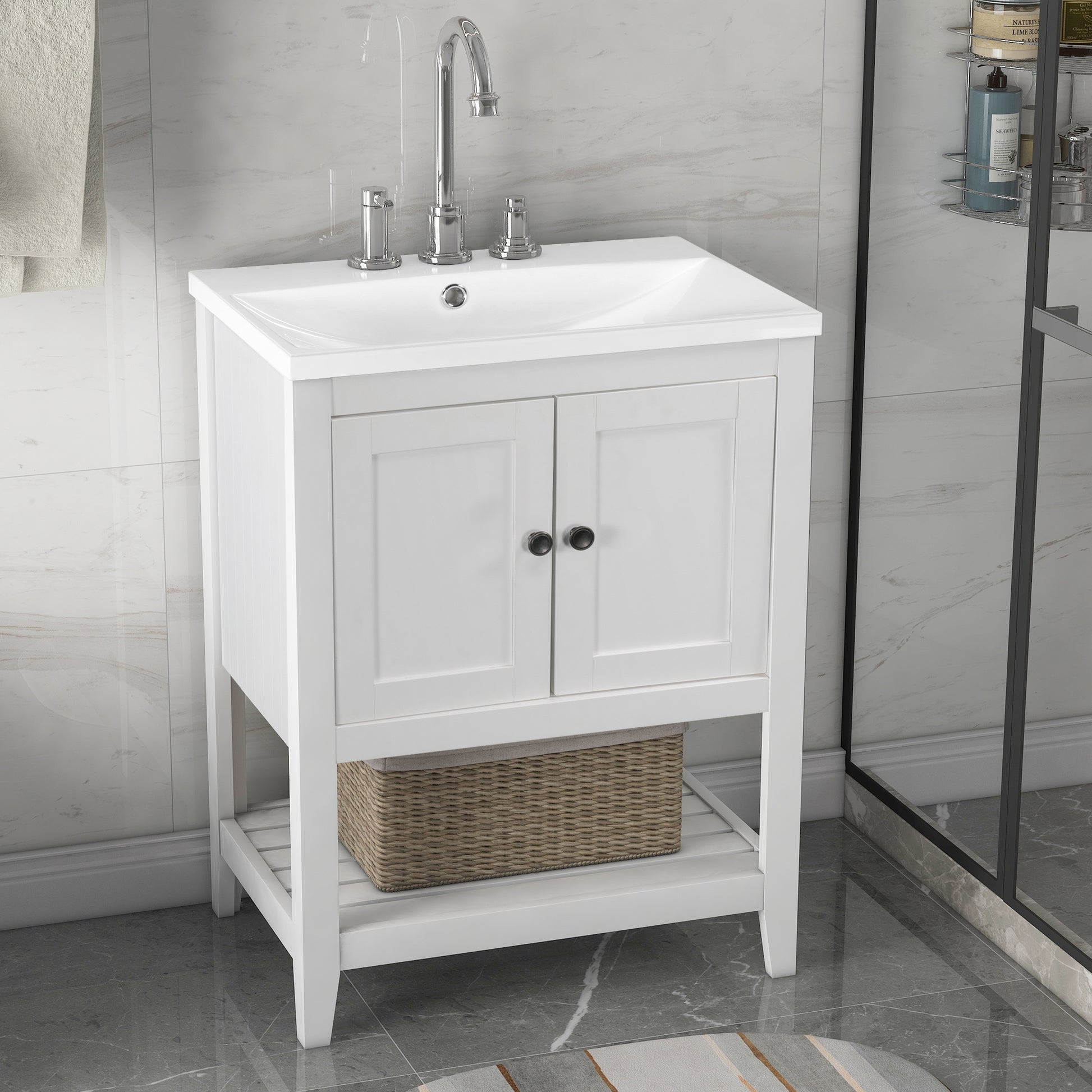 Video 24" White Modern Sleek Bathroom Vanity Elegant Ceramic Sink With Solid Wood Frame Open Style Shelf Old Sku: Jl000001Aak White Solid Wood