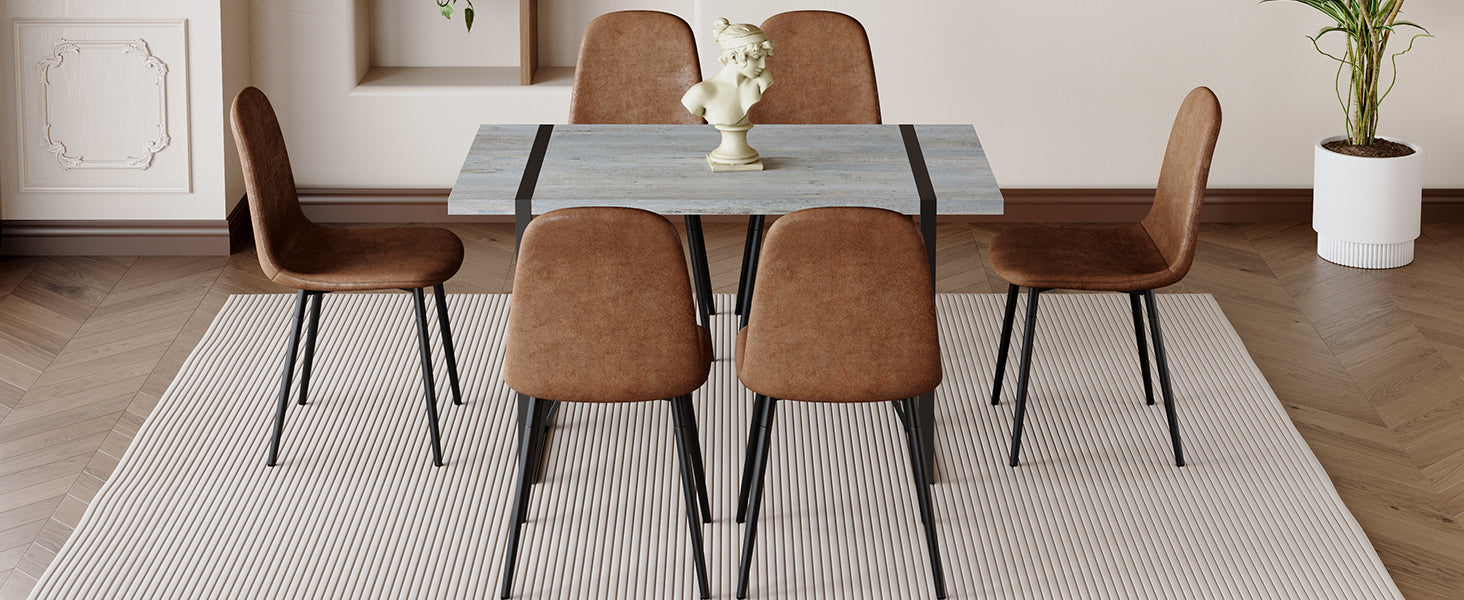 Table And Chair Set. A Minimalist Retro Rectangular Dining Table With A Specially Textured Top And Black Metal Legs, Paired With 6 Soft Chairs And Black Metal Legs, Showcases A Beautiful Home Style.