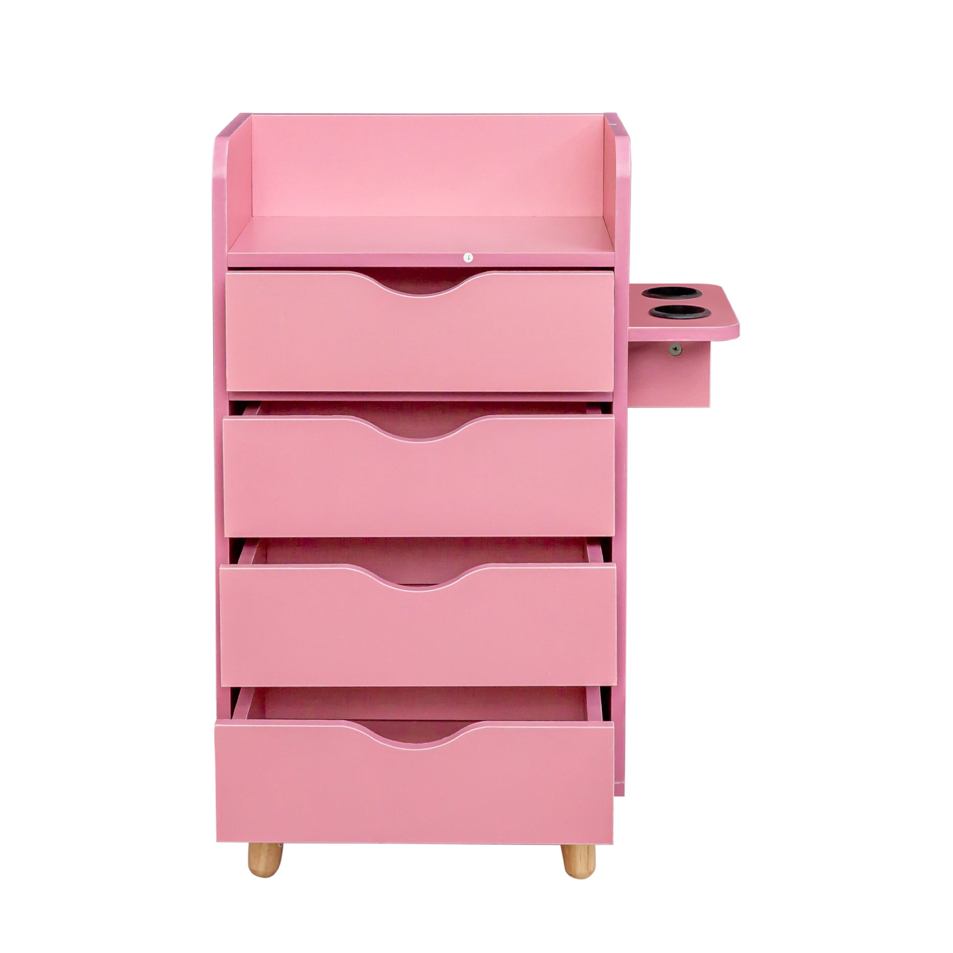 4 Layer Salon Storage Cabinet,Beauty Barber Salon Styling Station Organizer Equipment,Hair Stylist Station Set With 2 Hair Dryer Holders,4 Drawers And Raised Table Legs Pink Mdf