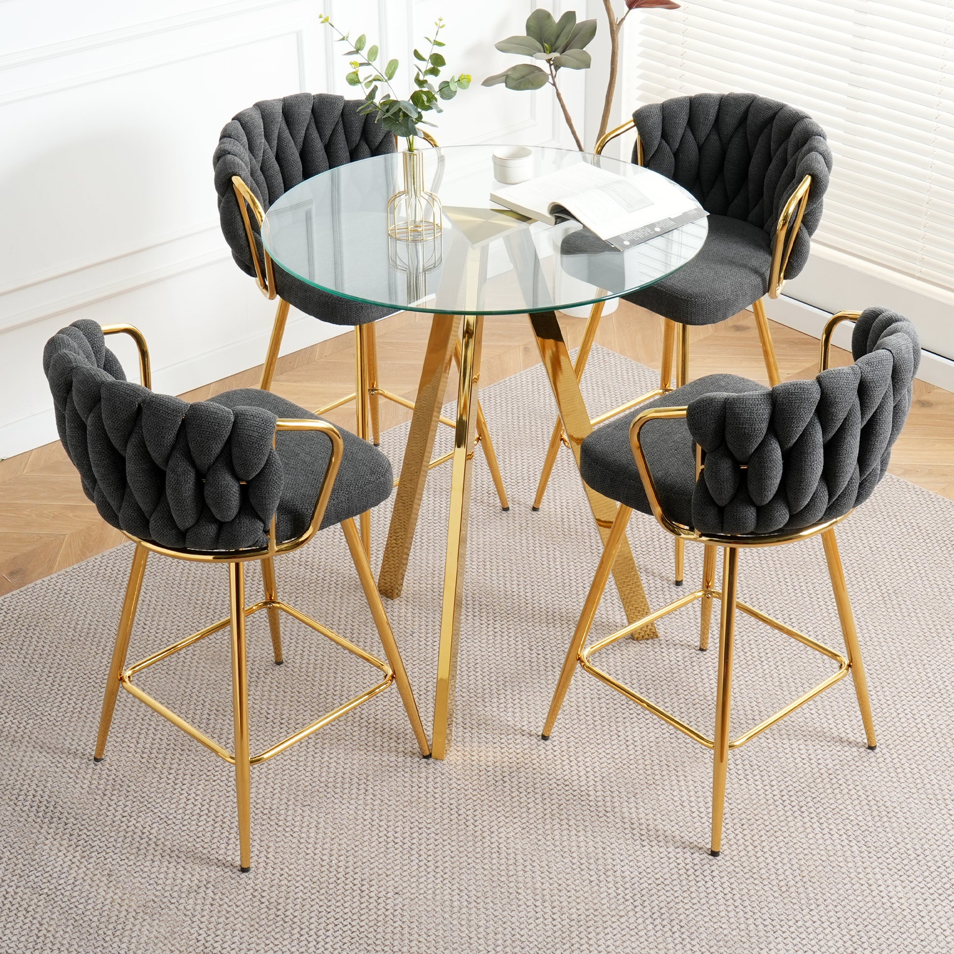 Stylish Dark Grey Cotton And Linen Design, Gold Plated Metal Legs, Round Tempered Glass Countertop, Bar Chair Cover, Suitable For Bar, Restaurant, Bedroom Bar Chair, Set Of 5 Metal Dark Gray Seats 4