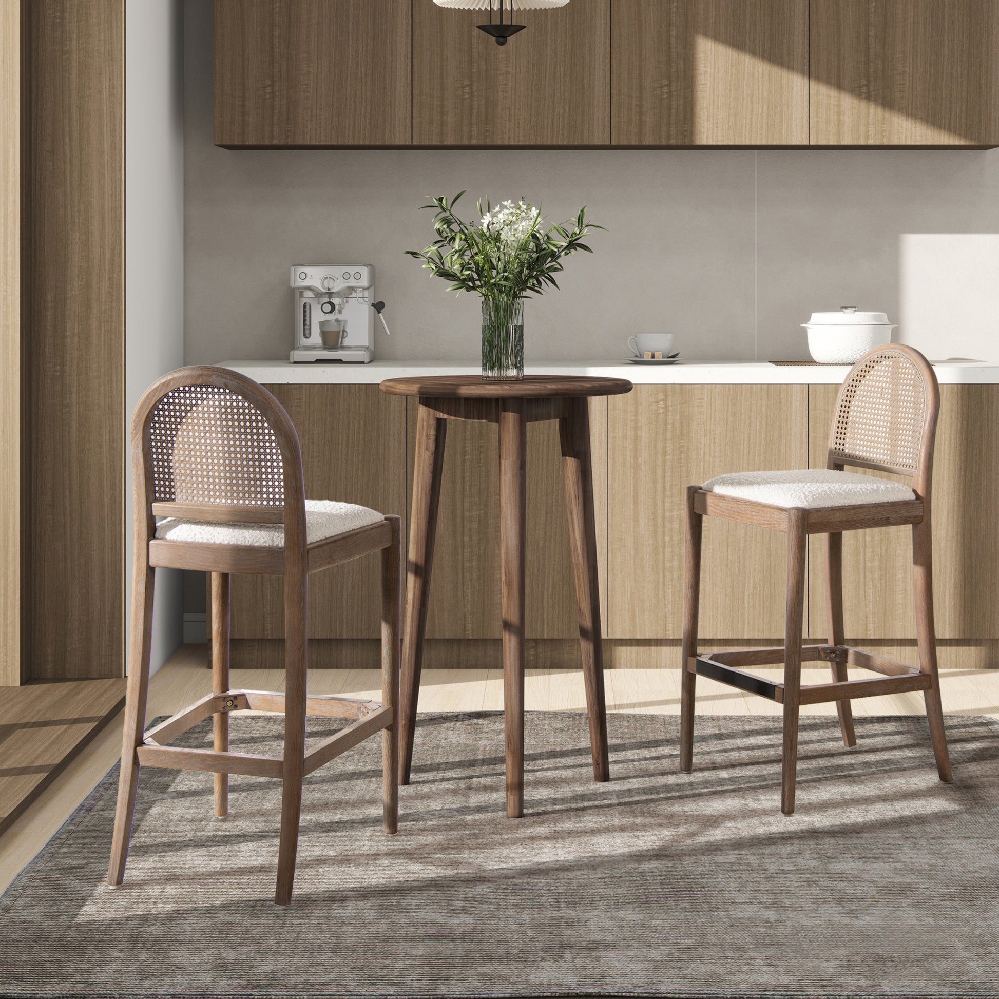 Panama Curved Back Cane Rattan Bar Stool, Set Of 2, Ivory White