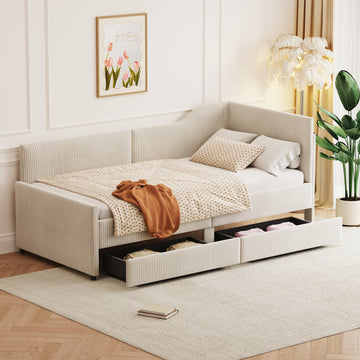 Twin Size L Shaped Corduroy Daybed,Upholstered Bed Frame With 2 Storage Drawers, Beige Twin Beige Wood Fabric