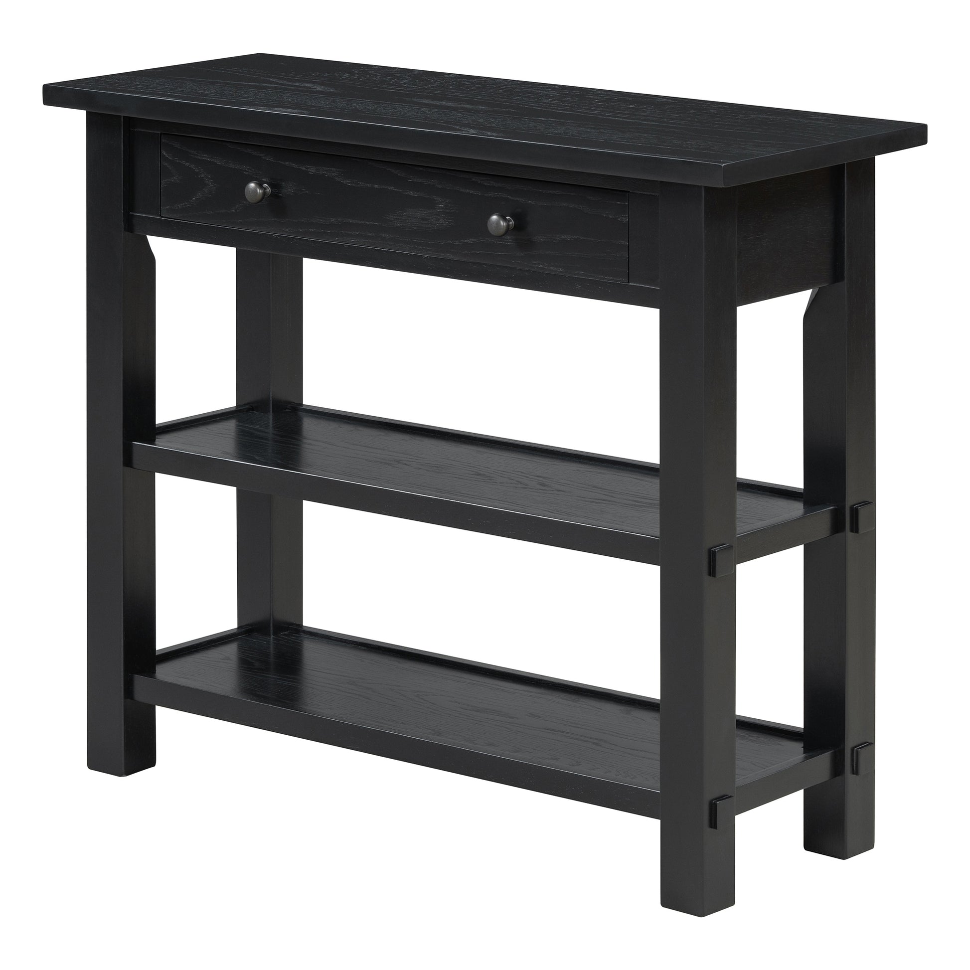 Retro Console Table With Drawer And Two Sturdy Shelves For Entryway, Living Room Black Black Mdf,Rubber Wood