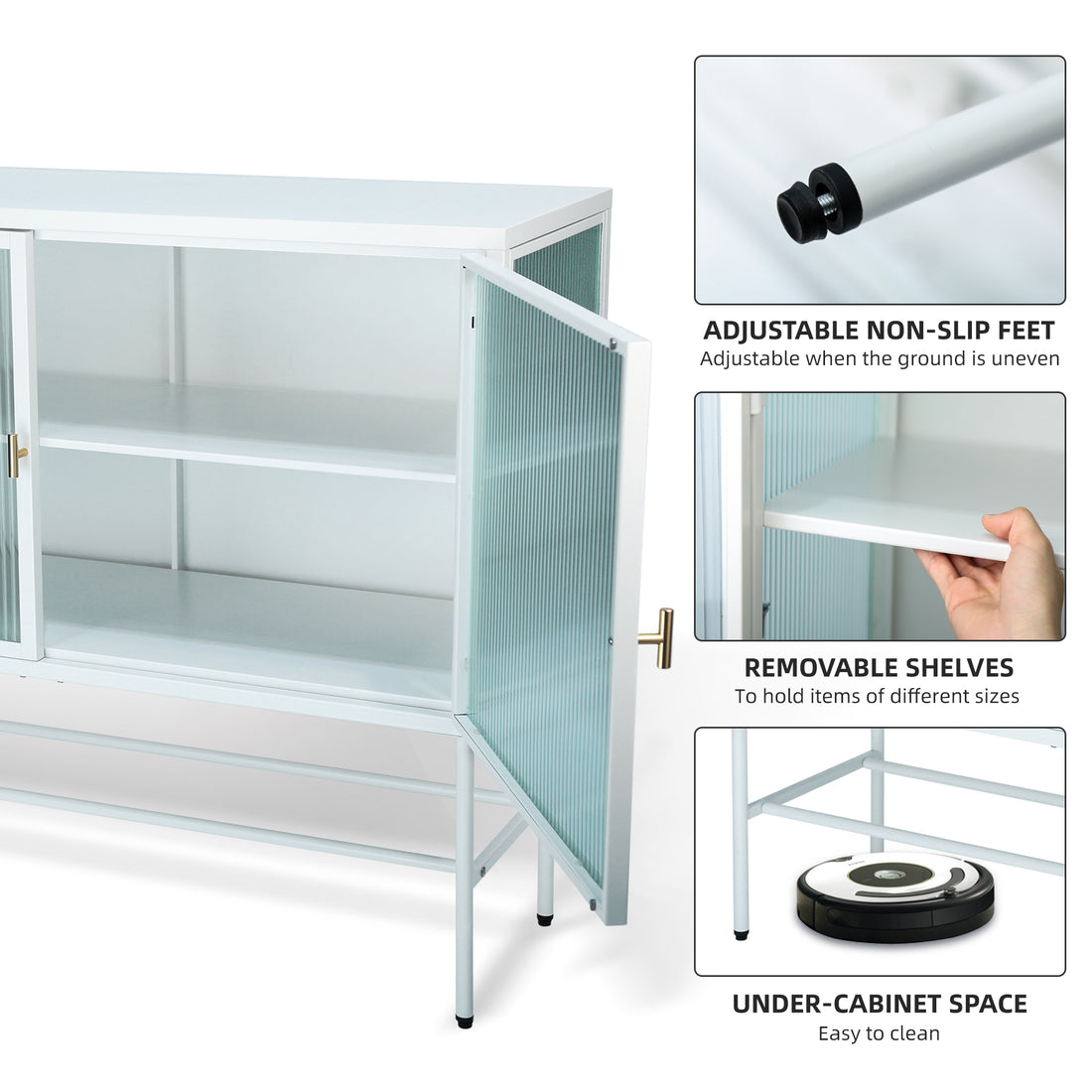 White Sideboard Storage Cabinet With Two Fluted Glass Doors Detachable Shelves Bottom Space For Living Room, Office, Dinging Room And Entryway Old Sku:W68743732 Gloss White Steel