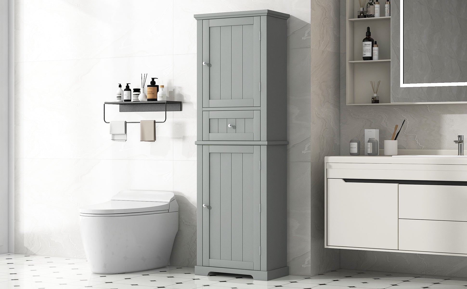 Tall Bathroom Storage Cabinet, Freestanding Storage Cabinet With Drawer And Adjustable Shelf, Mdf Board With Painted Finish, Grey Old Sku:Wf312727Aae Grey Mdf