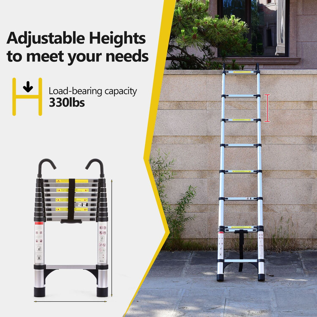 Telescopic Ladder, 9.5 Foot Aluminum Button Telescopic Ladder With 2 Triangular Stabilizers And Hooks, Multi Purpose Ladder, Maximum Load Bearing Capacity Of 330 Pounds, Suitable For Industrial And Ho Antique Silver Aluminium