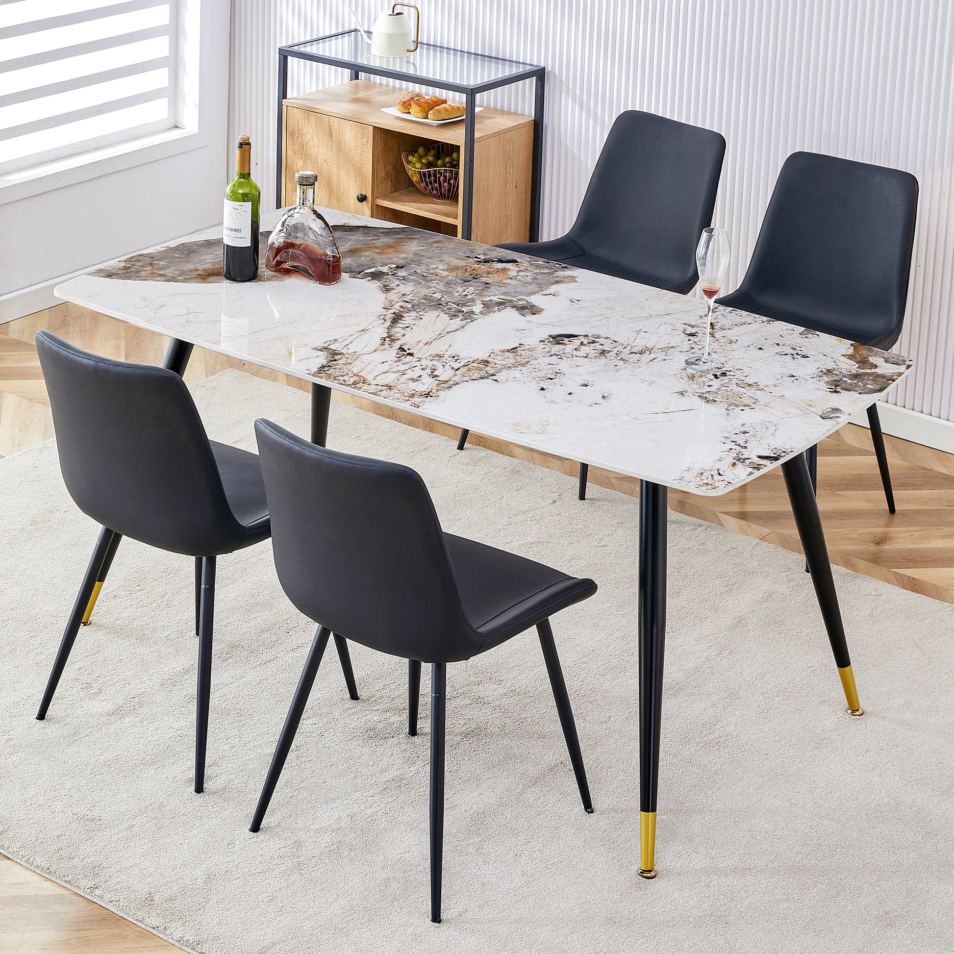 Table And Chair Set, Imitation Marble Texture Rock Board Table Top, Black Metal Table Legs, Stable And Beautiful. Modern Simple Dining Table, Comfortable Seating. White Black Seats 4 Metal