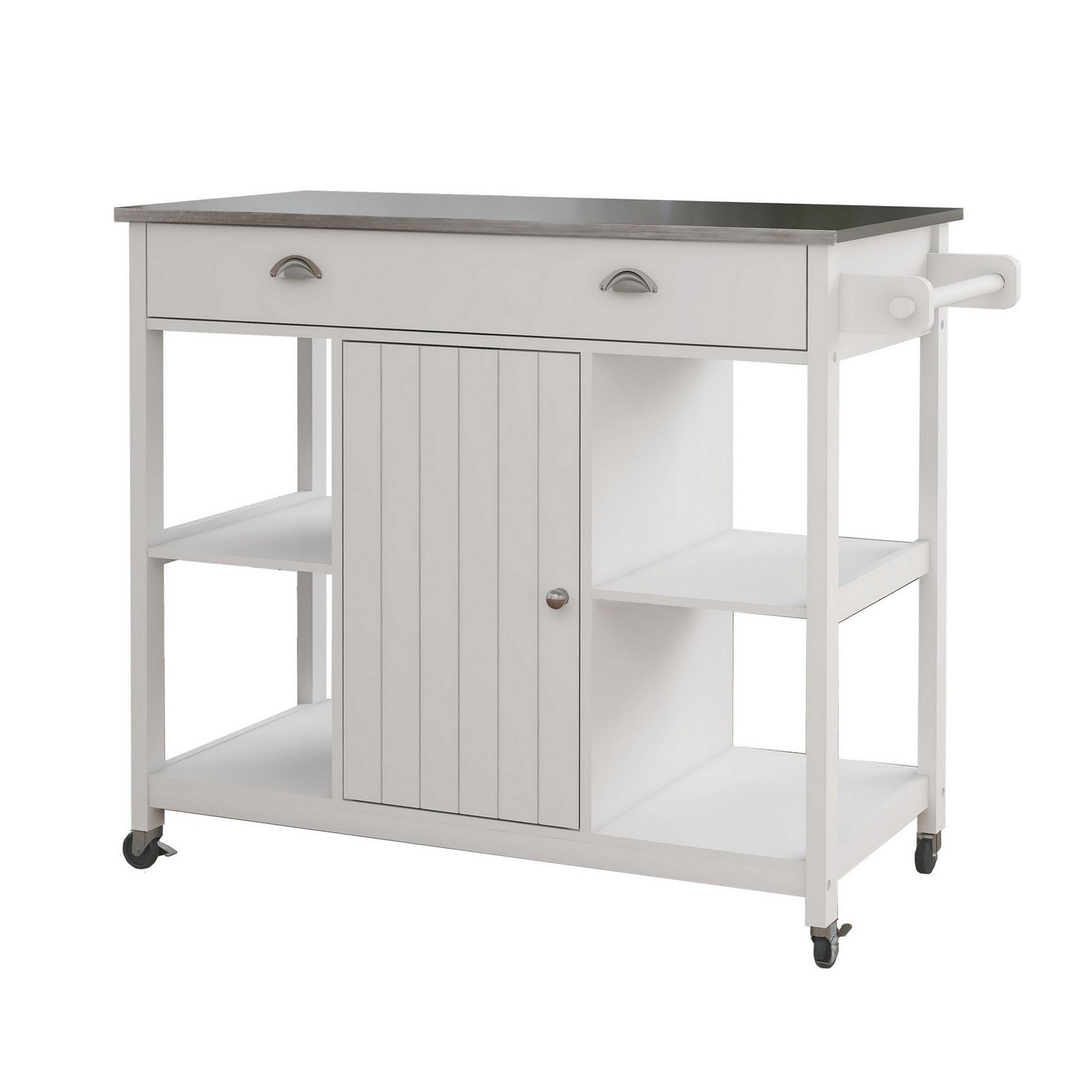 40 Inch Rolling Kitchen Cart, Open Shelves, Stainless Steel Surface, White White Gray Mdf