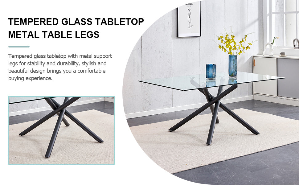 Large Modern Minimalist Rectangular Glass Dining Table For 6 8 With 0.39" Tempered Glass Tabletop And Black Color Metal Legs, For Kitchen Dining Living Meeting Room Banquet Hall Black Glass