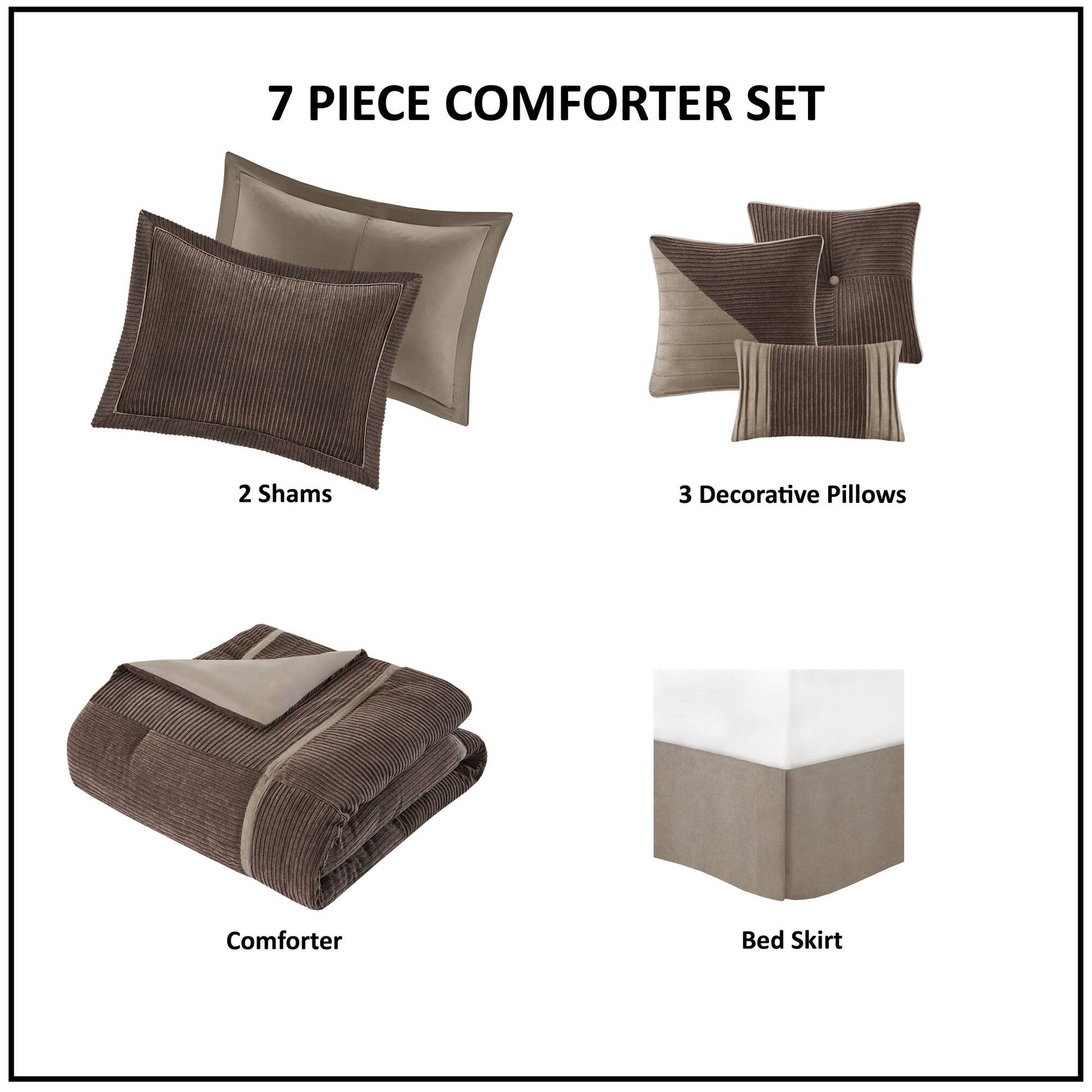 7 Piece Micro Corduroy Comforter Set Brown Queen Brown Polyester