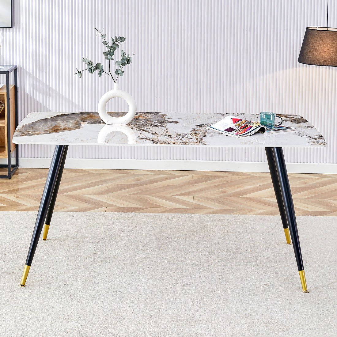 Modern Minimalist Dining Table. Imitation Marble Patterned Stone Burning Tabletop With Black Metal Legs. 62.2 "* 34.6" * 30 "F 001 Black Gold Sintered Stone