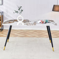 Modern Minimalist Dining Table. Imitation Marble Patterned Stone Burning Tabletop With Black Metal Legs. 62.2 