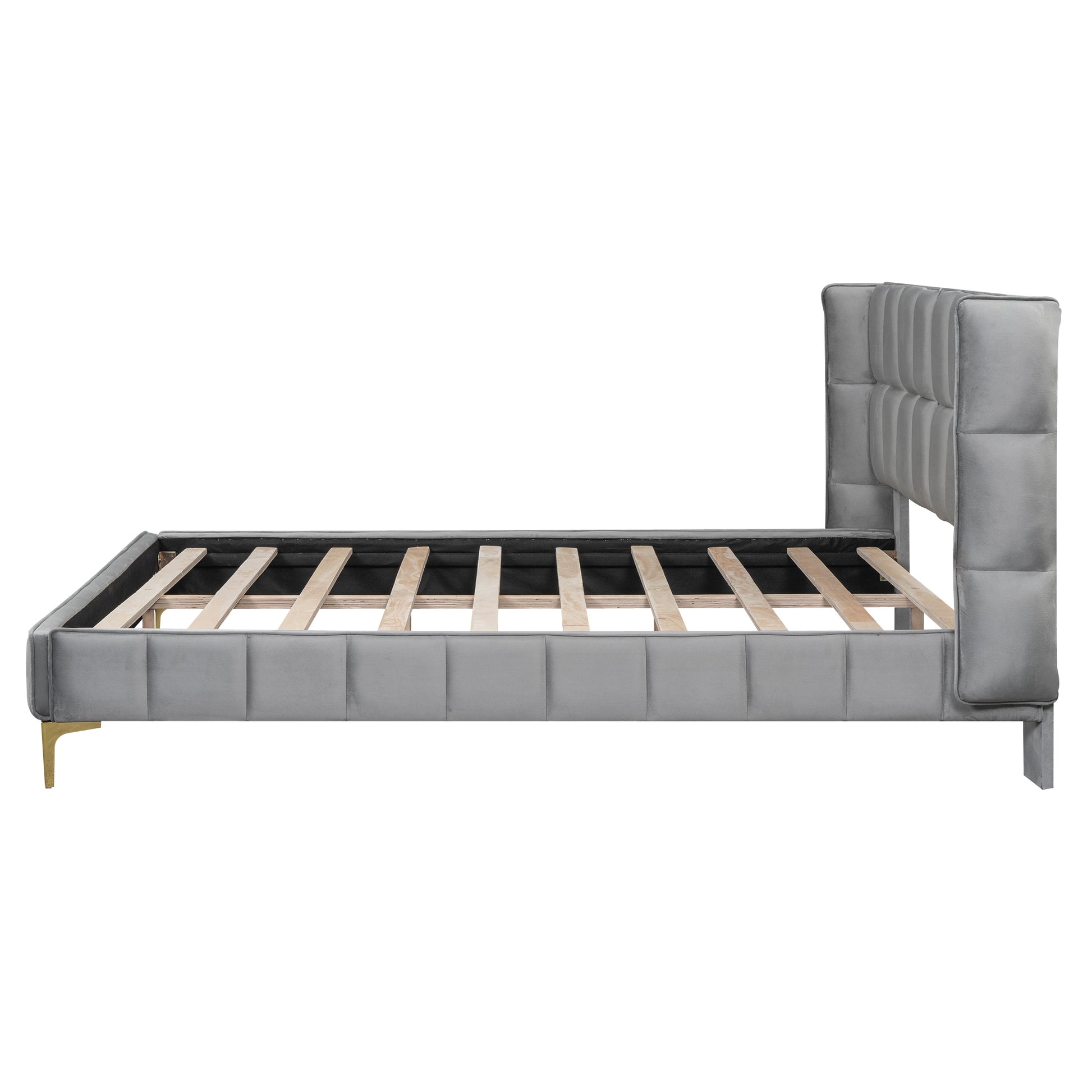 Queen Size Upholstered Velvet Platform Bed, Gray Box Spring Not Required Queen Gray Wood Bedroom Bed Frame Velvet Upholstered