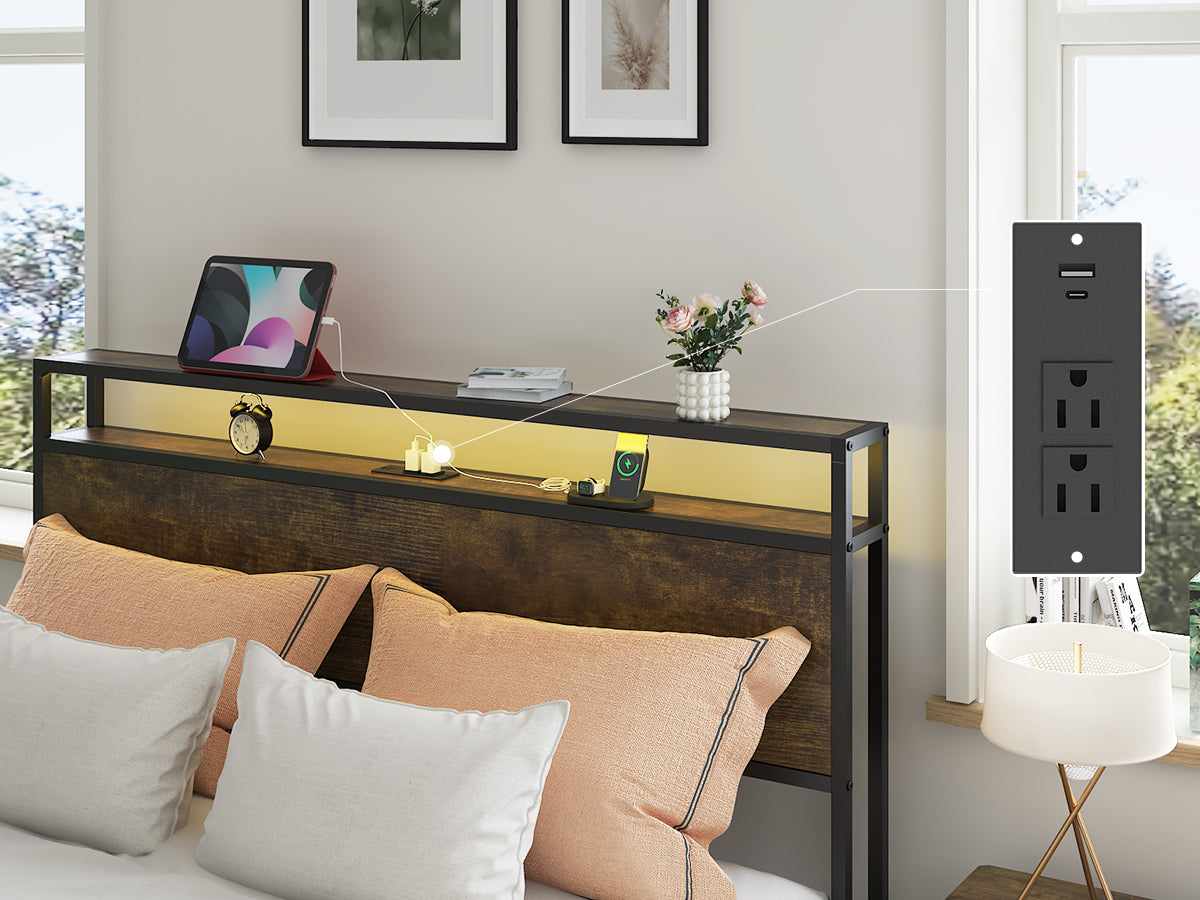 Queen Bed Frame With Led Lights And Charging Station Robust Metal Wood Construction, Rustic Wood Platform Bed Frame With 2 Drawers, No Box Spring Needed, Noise Free, Vintage Brown, Easy Assemble Box Spring Not Required Queen Black Brown Metal Brown