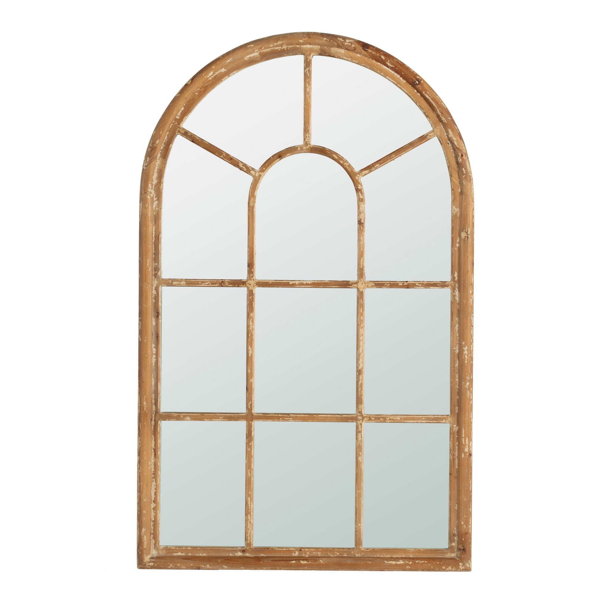 54 Inch Wall Mirror With Window Pane Design, Fir Wood, Distressed Brown Brown Wood