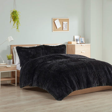 Shaggy Long Fur Comforter Mini Set Queen Black Polyester