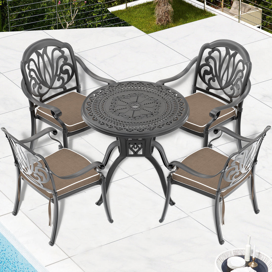 Cushions In Random Colors 5 Piece Set Of Cast Aluminum Patio Furniture With Cushions Yes Dining Set Black Seats 4 Rust Resistant Frame Water Resistant Cushion Garden & Outdoor Complete Patio Sets