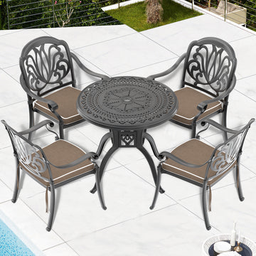 Cushions In Random Colors 5 Piece Set Of Cast Aluminum Patio Furniture With Cushions Yes Dining Set Black Seats 4 Rust Resistant Frame Water Resistant Cushion Garden & Outdoor Complete Patio Sets