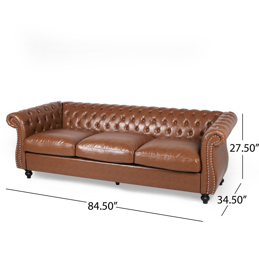 84.50'' Mid Century Cognac Brown 3 Seater Sofa, Pu, Classic Retro Sofa With Rolled Arms Modern, Elegant, And Comfortable Couch, Perfect For Living Room, Office, Bedroom, Primary Living Spaces Cognac Wood Primary Living Space Medium Soft Tight Back Medium