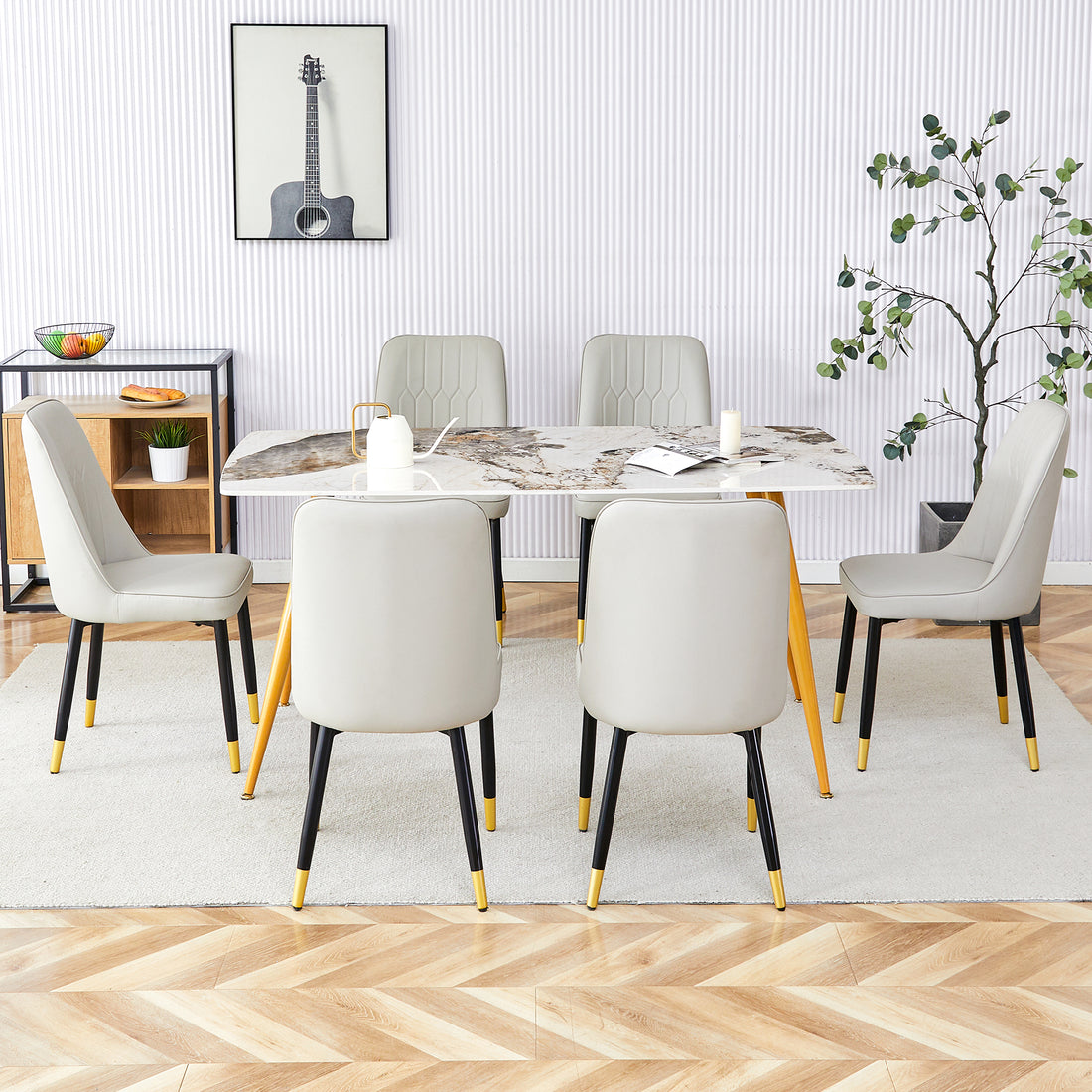 Table And Chair Set.Modern Minimalist Dining Table. White Imitation Marble Pattern Sintered Stone Desktop With Golden Metal Legs.Paried With 6 Comfortable Chairs With Pu Seats And Black Metal Legs.