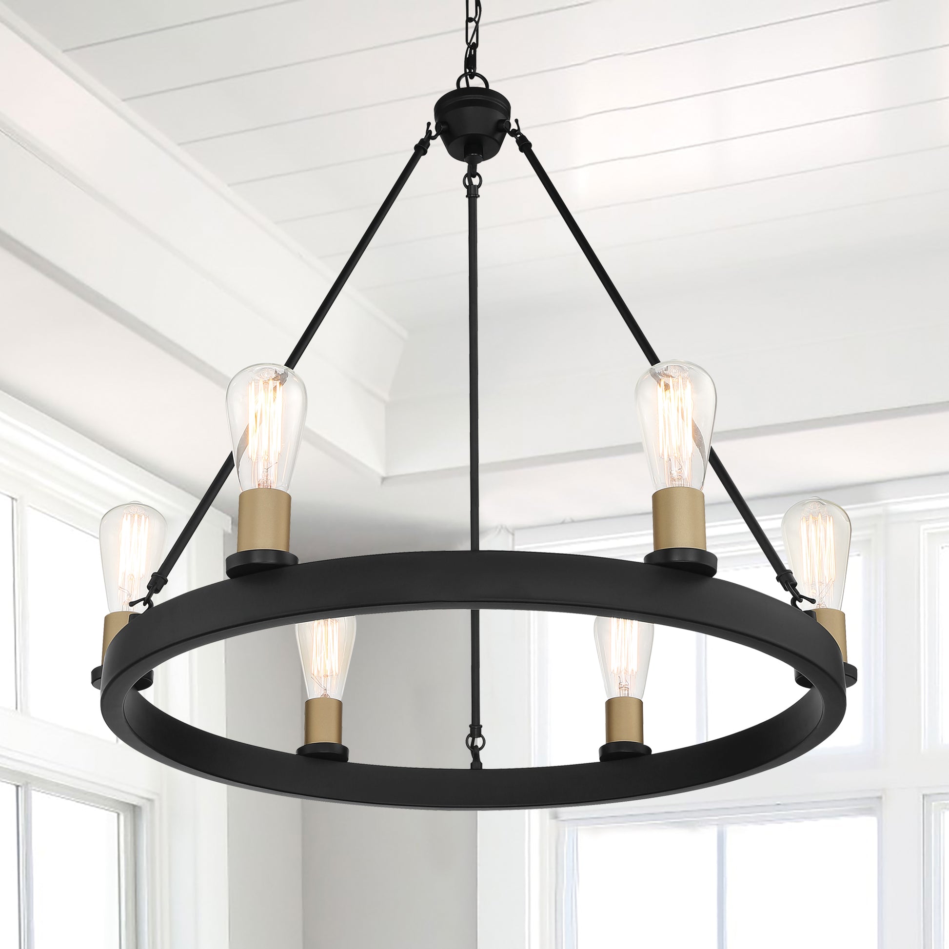 6 Light Living Room Steel Dimmable Candle Style Wagon Wheel Chandelier Ul Certified Antique Brass Black Ceiling Lights Steel Metal
