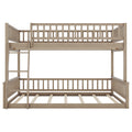 Full Xl Over Queen Bunk Bed With Ladder And Guardrails, Walnut Box Spring Not Required Queen Walnut Wood Bunk Solid Wood Mdf