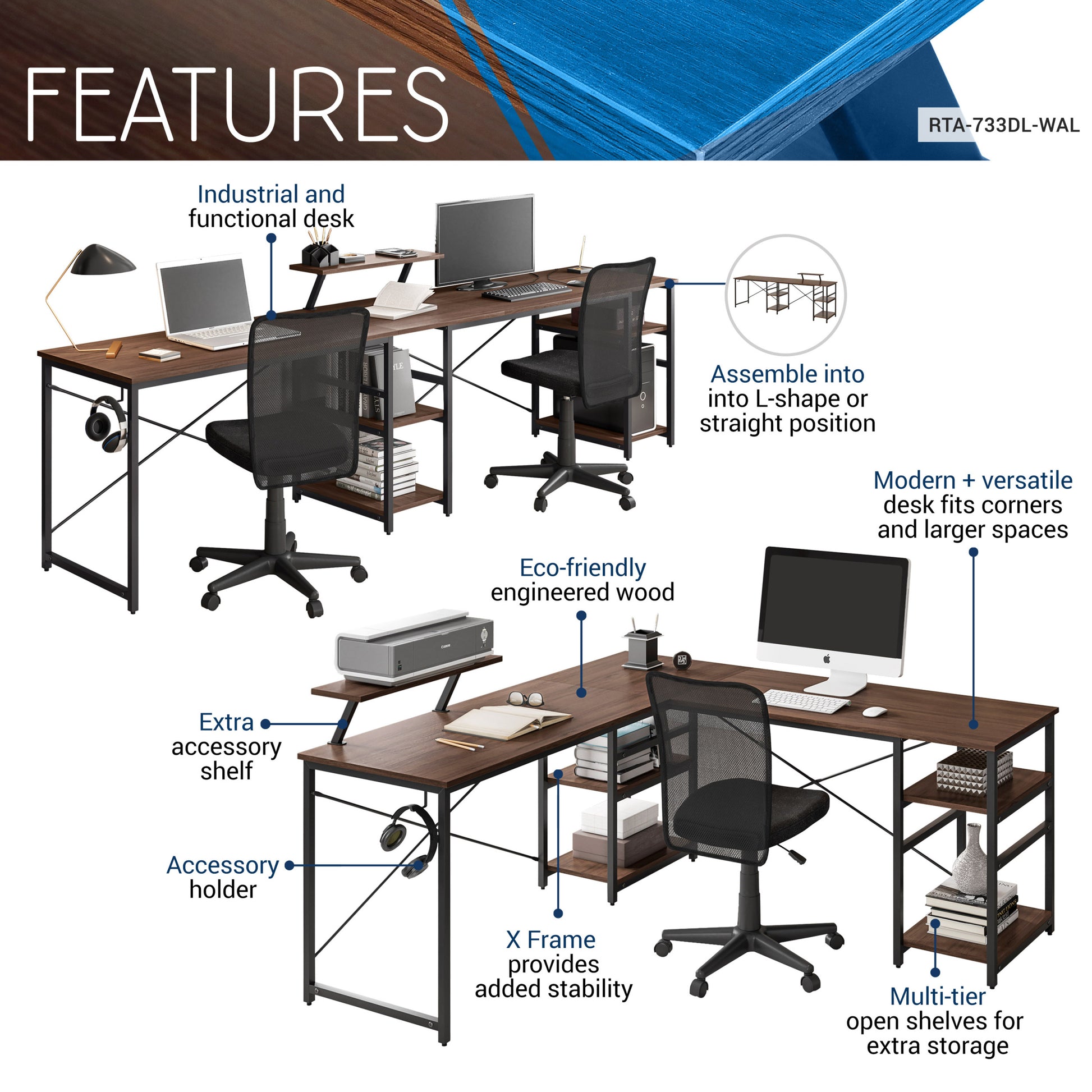 Techni Mobili L Shape Industrial Desk With Storage Shelves, Walnut Walnut Computer Desk Office Modern L Shape Particle Board