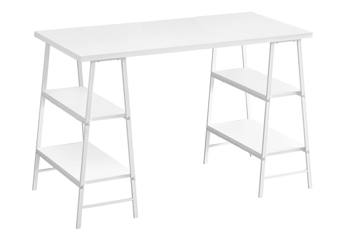 Computer Desk, Home Office, Laptop, Storage Shelves, 48"L, Work, White Laminate, White Metal, Contemporary, Modern White Metal