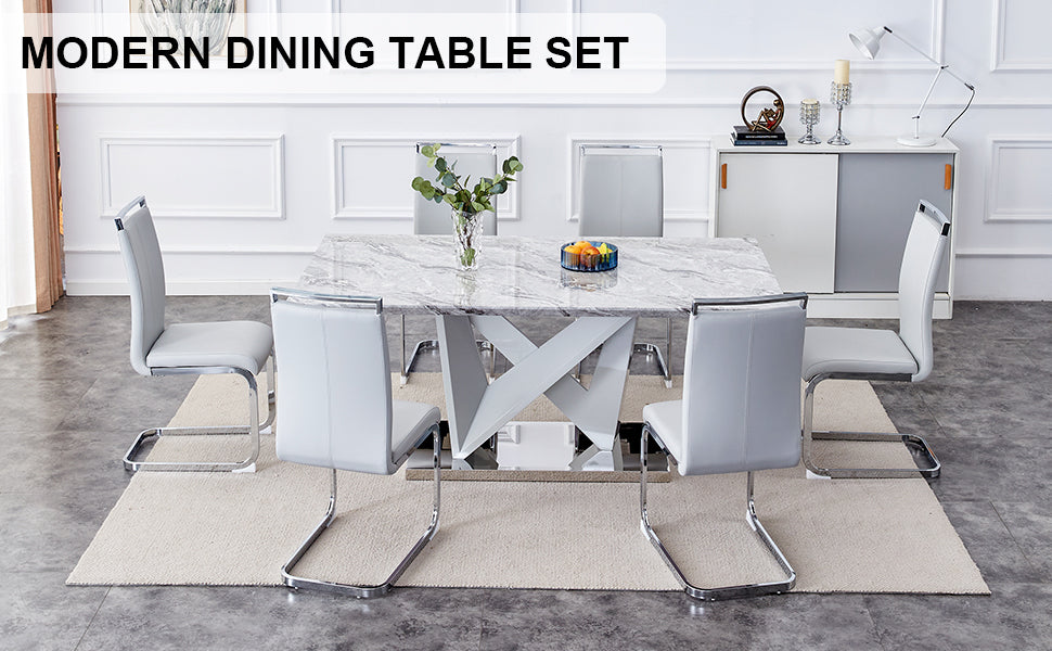 1 Table And 6 Chairs Set.Modern Grey Mdf Faux Marble Dining Table With Double V Shaped Supports.Paired With 6 Modern Pu Artificial Leather Soft Cushion With Silver Metal Legs.F Vv,C 1162 Gray Seats 6 Mdf Metal