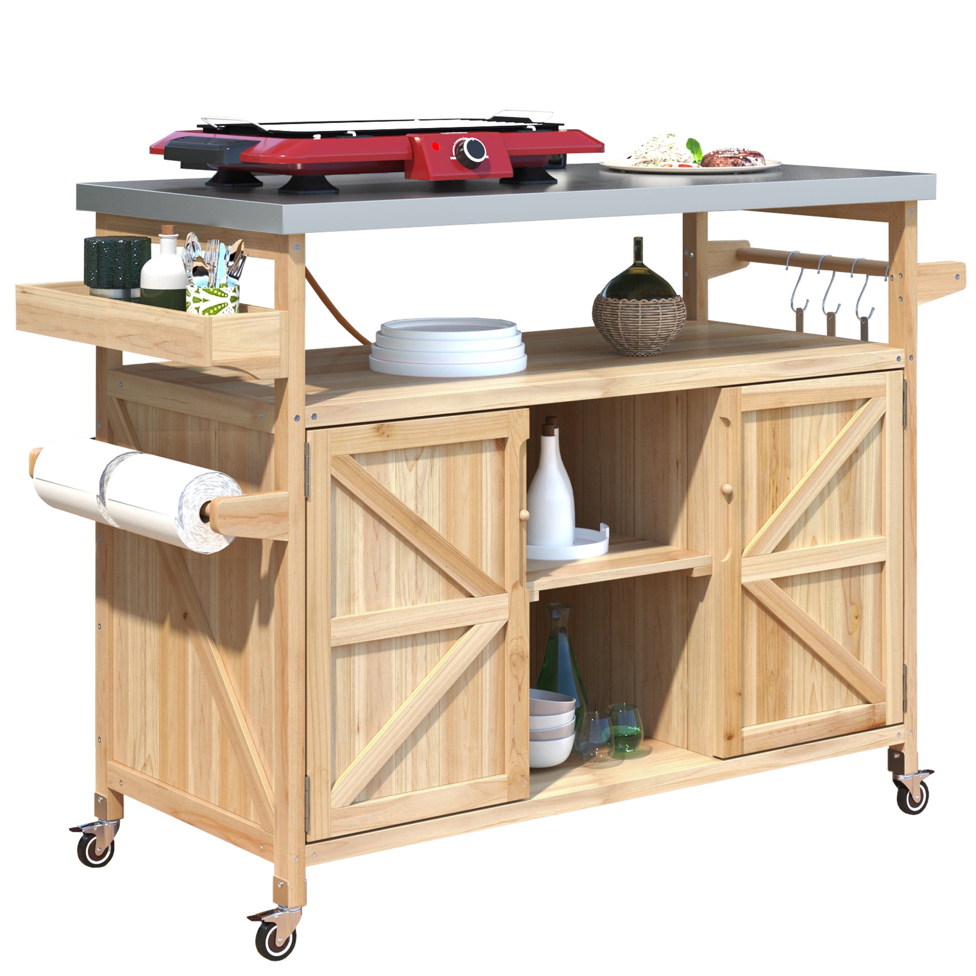 K&K Outdoor Kitchen Island, Rolling Bar Cart & Storage Cabinet, Farmhouse Solid Wood Outdoor Grill Table With Stainless Steel Top, Spice Racktowel Rack For Kitchen & Bbqnatural Natural Garden & Outdoor Classic,Farmhouse,French Country,Luxury,Modern Wood