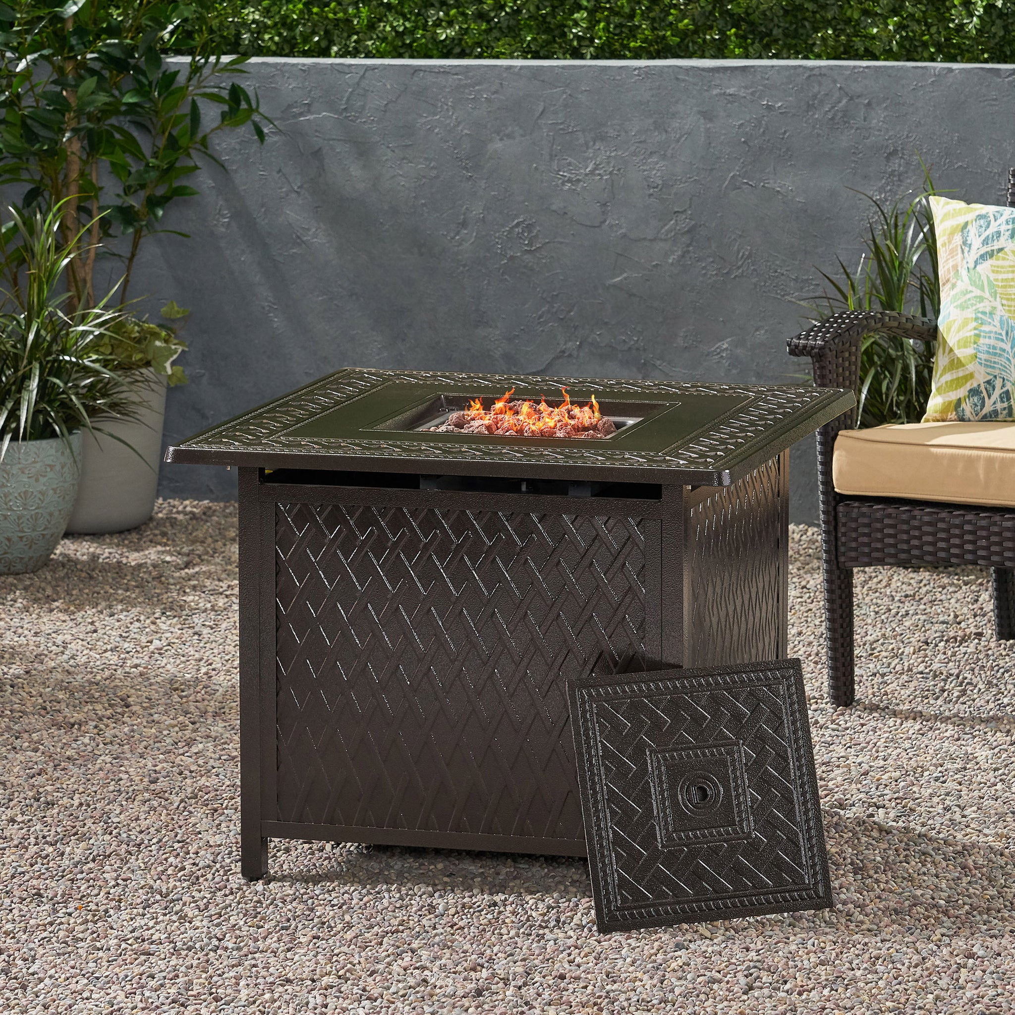 32" Outdoor Square Aluminum Propane Fire Pit 37,000 Btu Bronze Metal Garden & Outdoor Aluminum